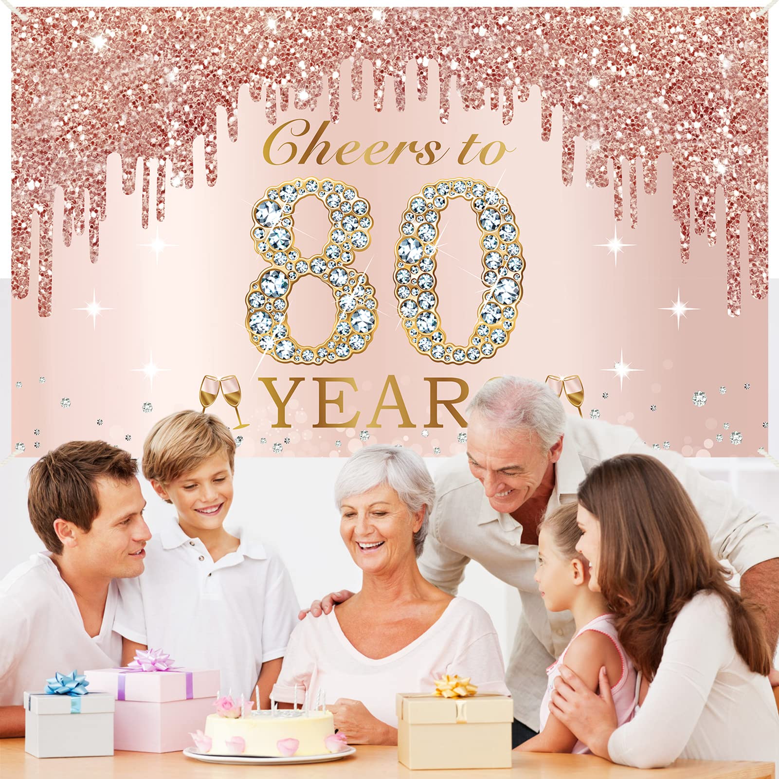 Large Cheers To 80 Years Birthday Decorations For Women, Pink Rose Gold Happy 80Th Birthday Banner Backdrop Party Supplies, Eigh