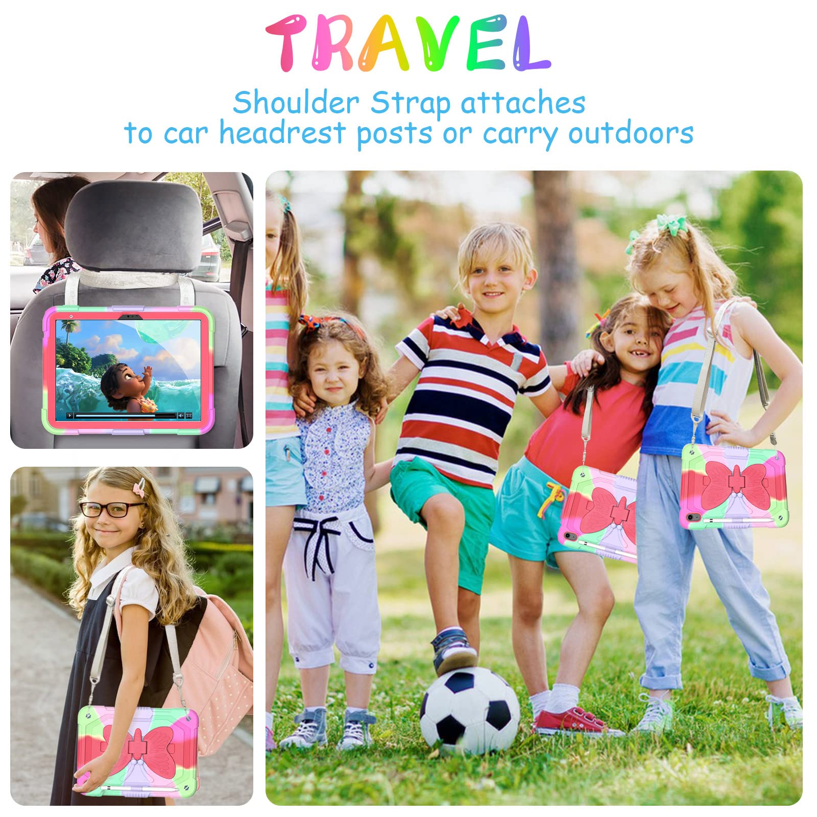 Ambison Case For Ipad 10Th Generation 2022 10.9 Inch For Kids Girls,With 9H Tempered Glass Screen Protector, Rugged Heavy Duty Shockproof Protective Case With Butterfly Stand,Carrying Strap Rose Red