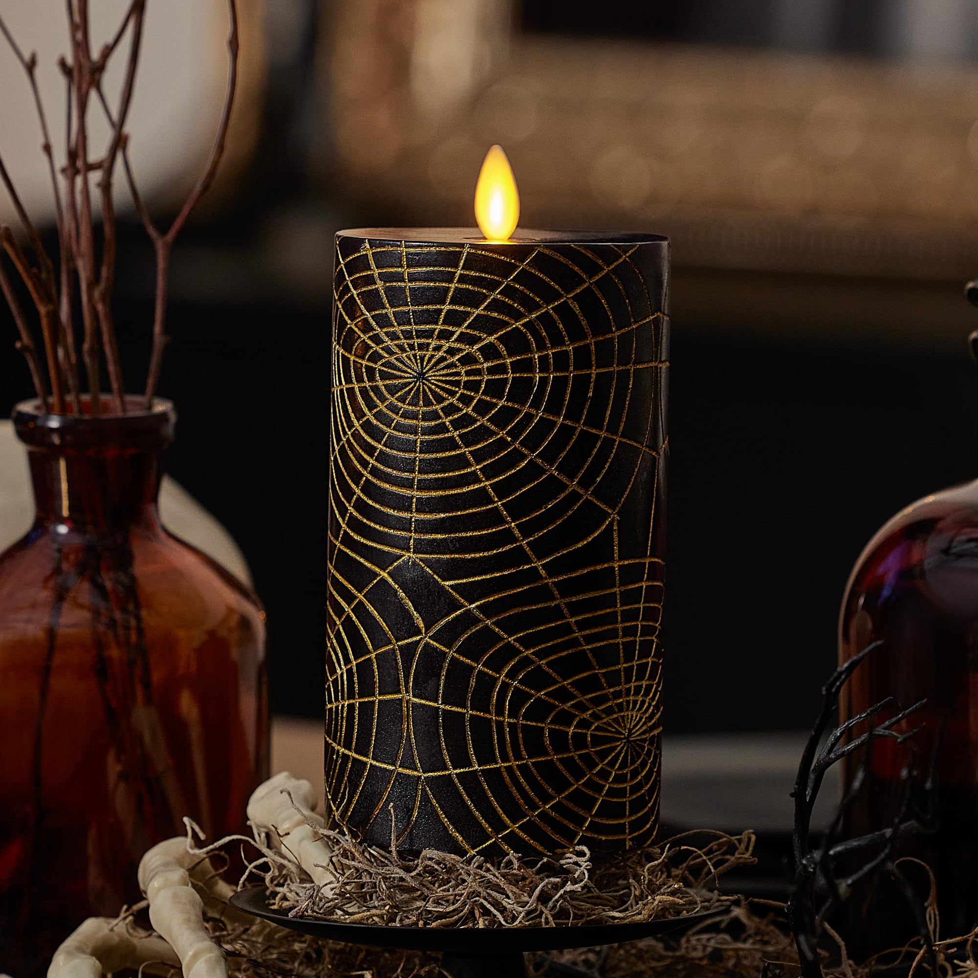 Luminara Black And Gold Spider Web Flameless Led Candle, Flat Top Moving Flame Pillar, Real Unscented Wax And Timer (3'' X 6.5''