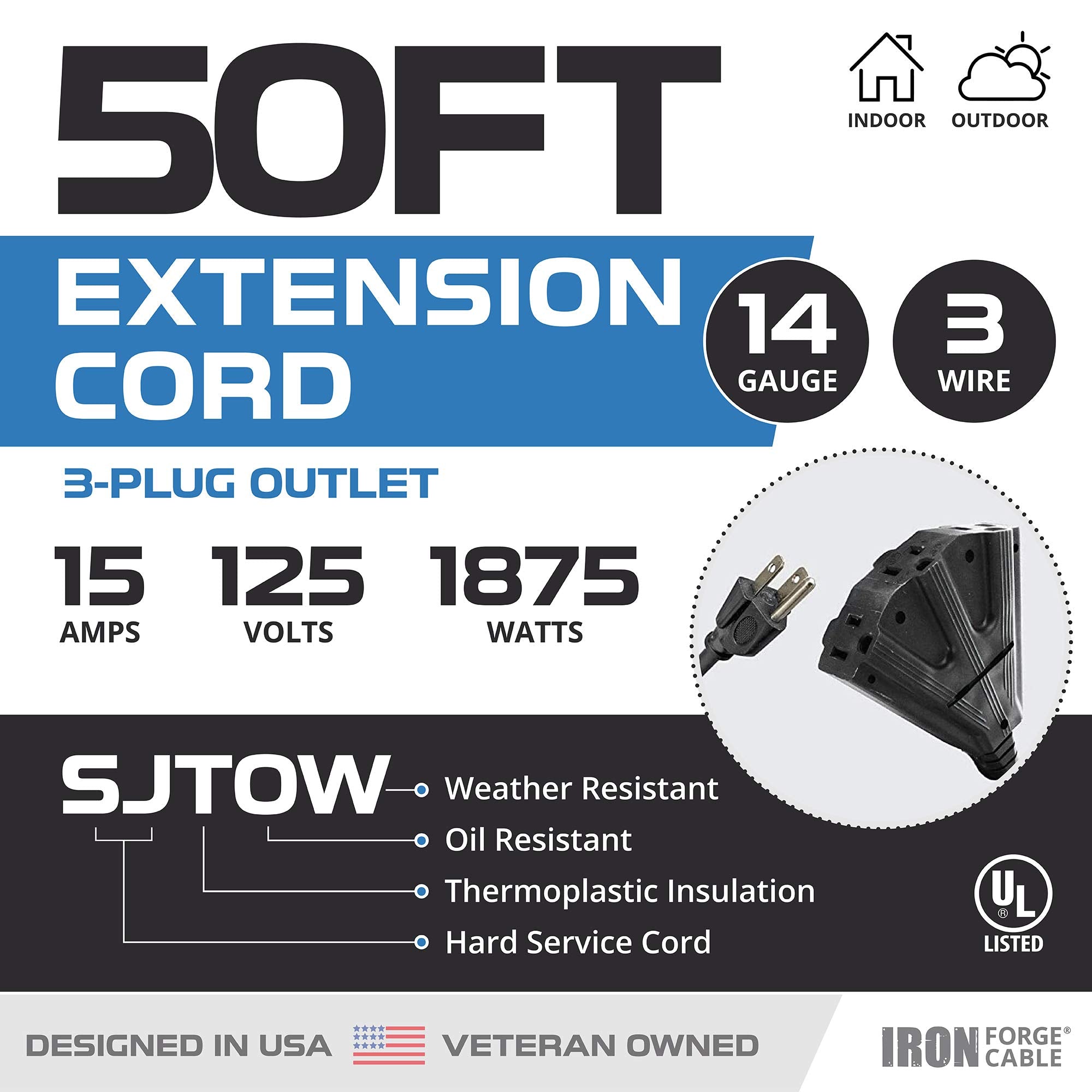 Iron Forge Cable Oil Resistant 15 Amp Heavy Duty Extension Cord 50 Ft 3 Outlet, Sjtow 14 Gauge Black Extension Cord With Multipl