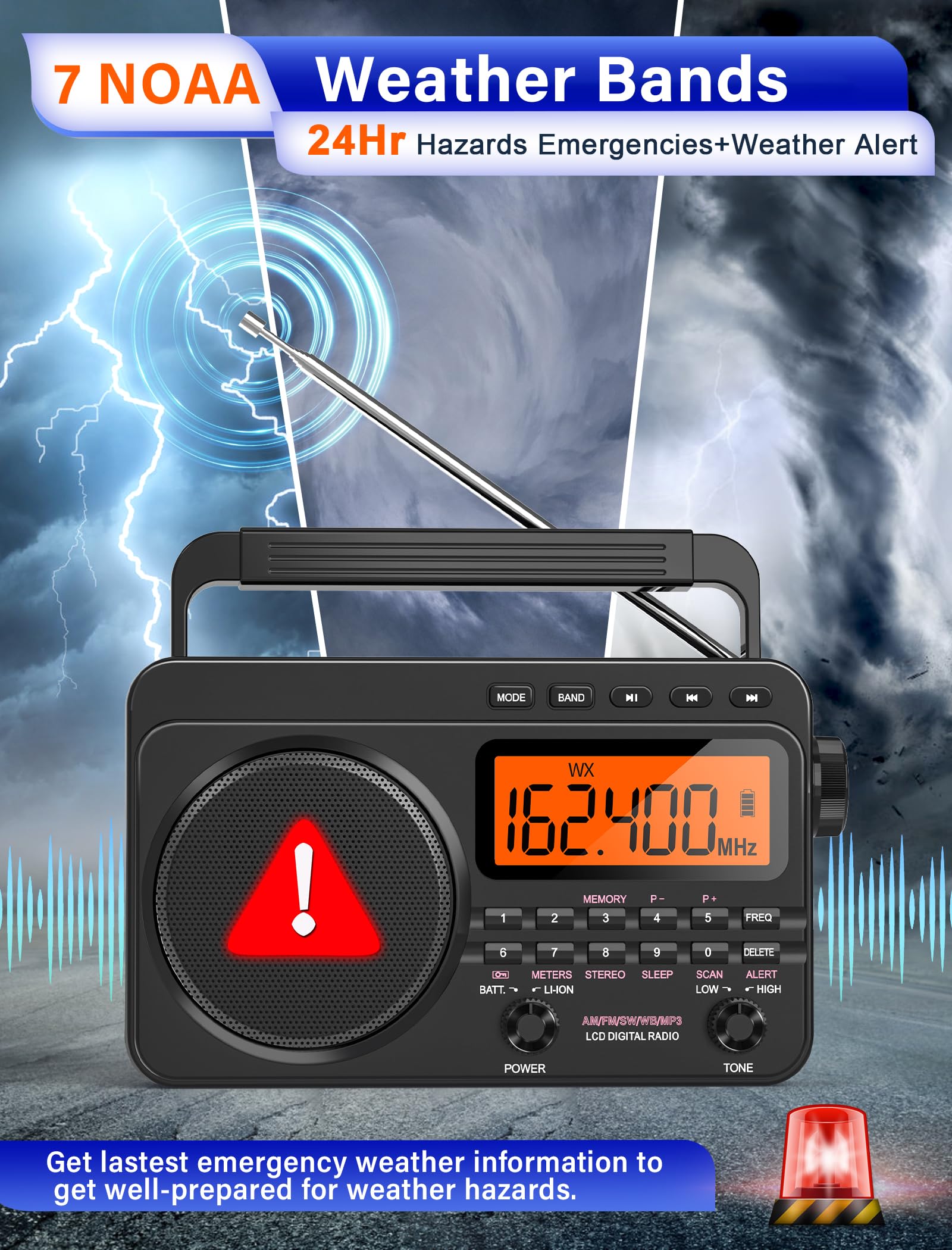 Jazmm Noaa Weather Alert Radio,Digital Am Fm Shortwave Radio With Best Reception,4000Mah Rechargeable Portable Am Fm Radio,Support Sd Card And Usb Mp3 Player,Powered By 4D Battery For Emergency
