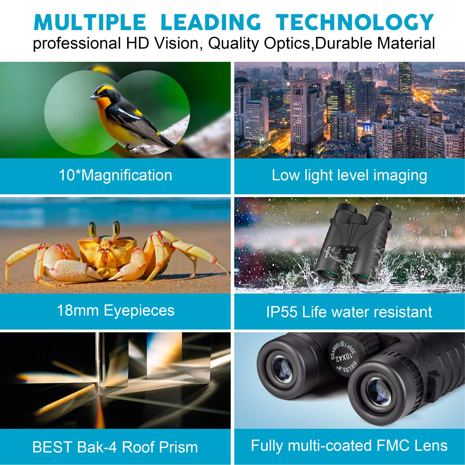 Binoteck 10X42 Binoculars For Adults   Professional Hd Roof Bak4 Prism Lens Binoculars For Bird Watching, Hunting, Travel, Sport