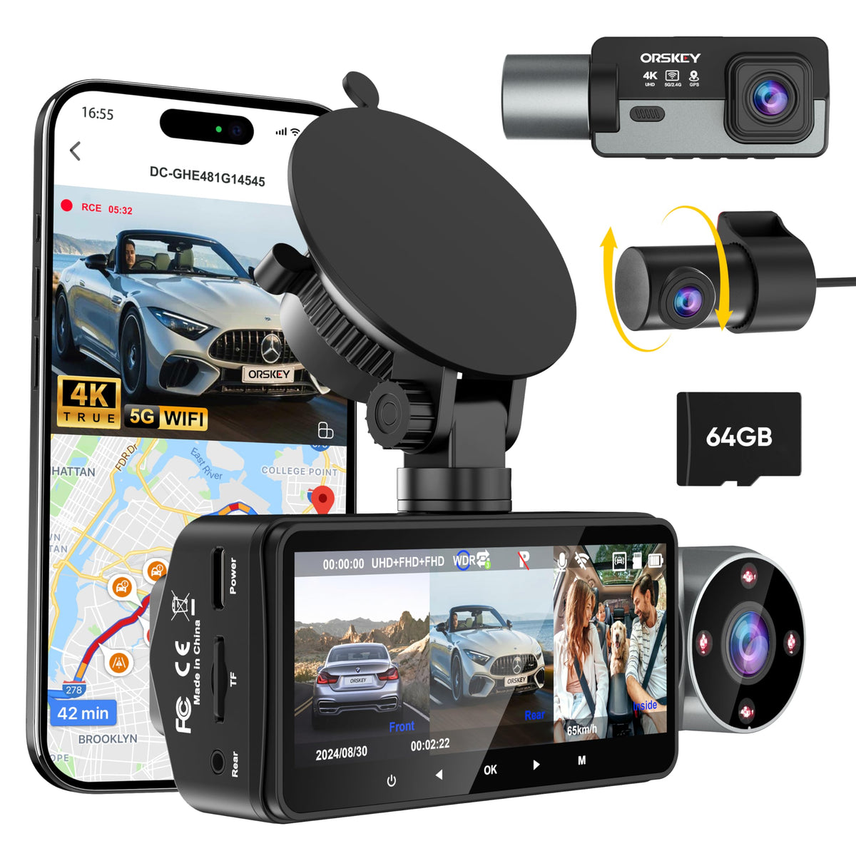 4K Dash Cam Front And Rear Inside 5G Wifi, 64Gb Card, Orskey 4K+1080P Dashcam Built-In Gps, 3 Channel Dash Camera For Cars, 3.16