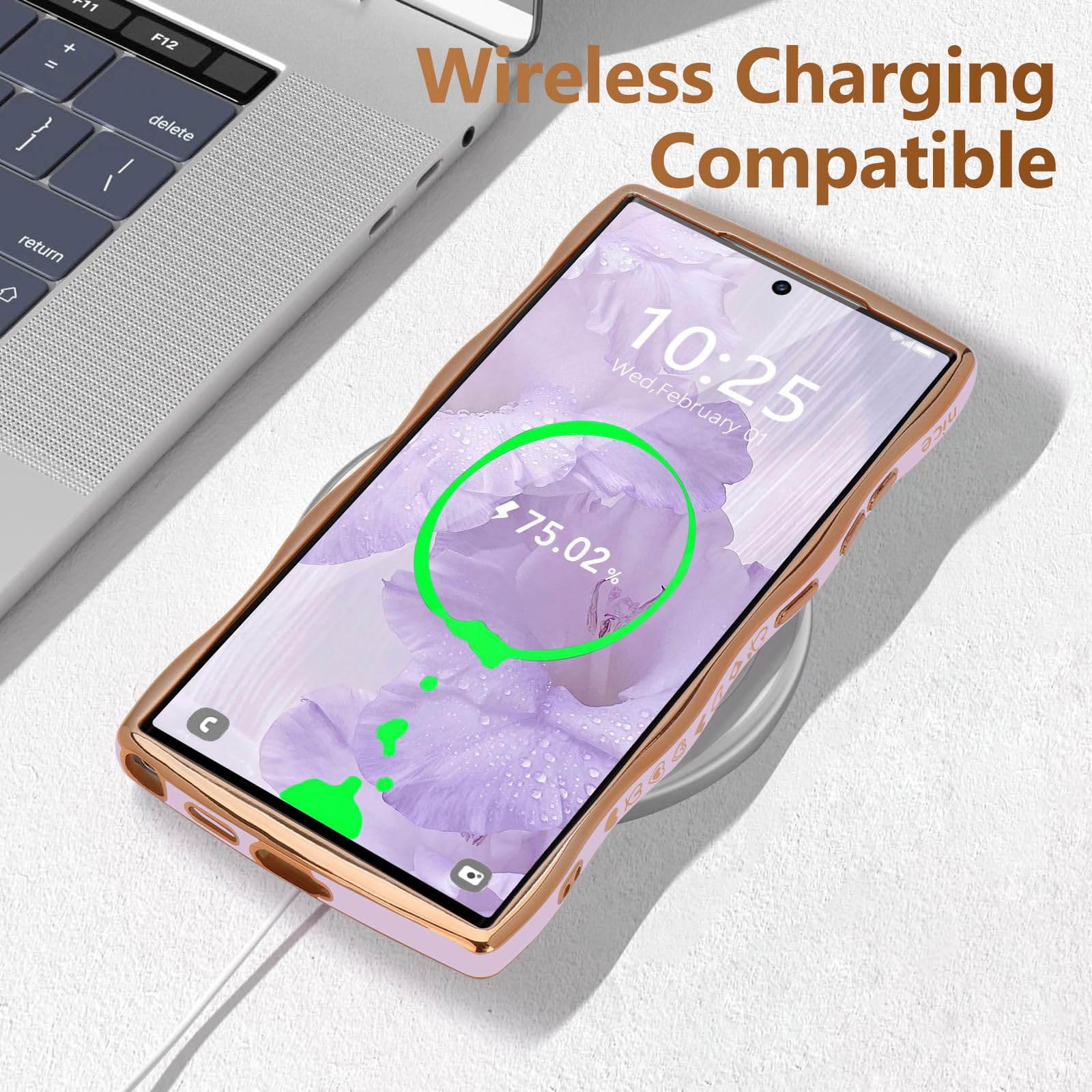 Lchulle For Samsung Galaxy S23 Ultra Case For Women Girls, Cute Wave Frame Curly Shape With Love Heart Camera Protection Luxury