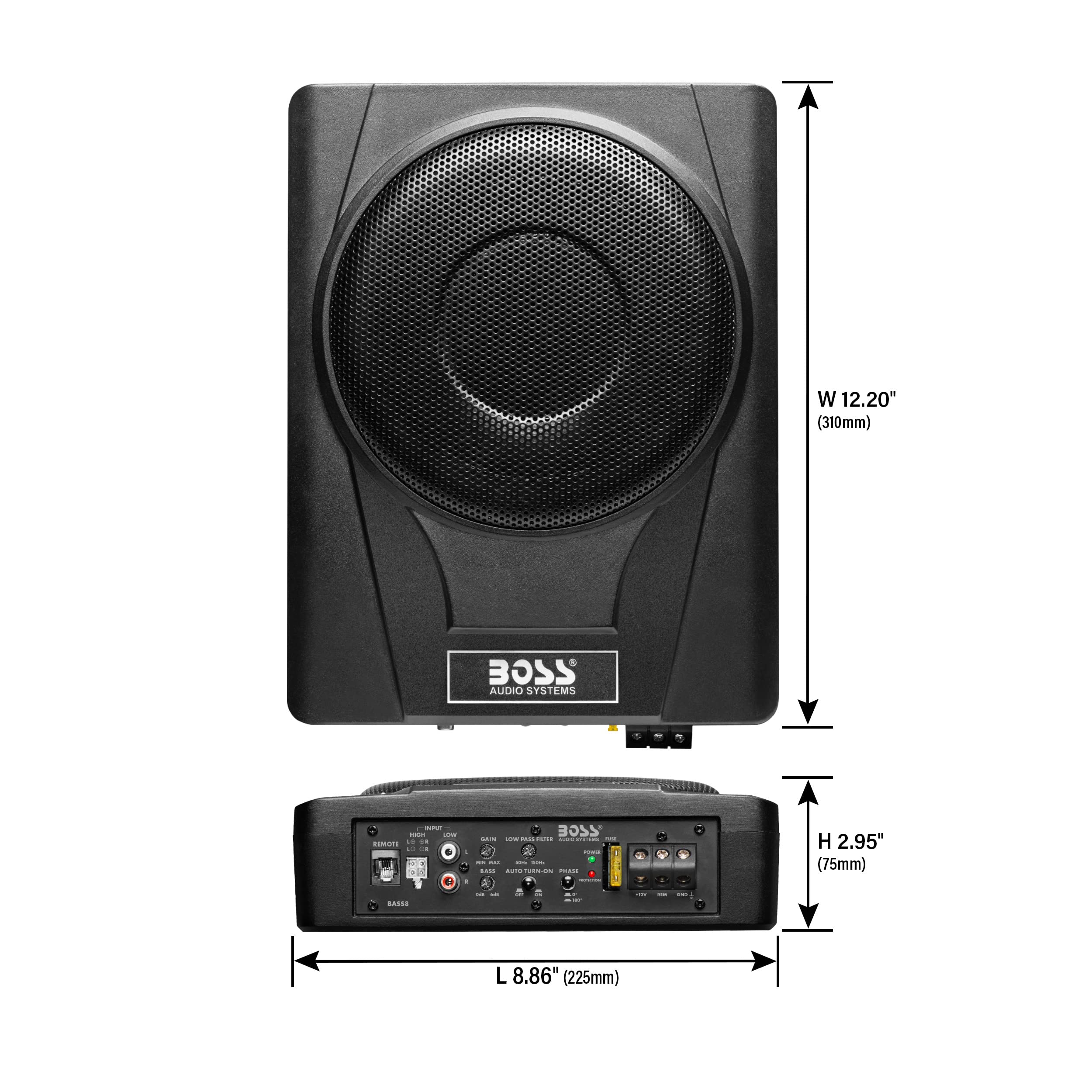 Boss Audio Systems Bass8 8 Inch Under Seat Powered Car Subwoofer   800 High Output, Low Profile, Built In Amplifier, For Truck,