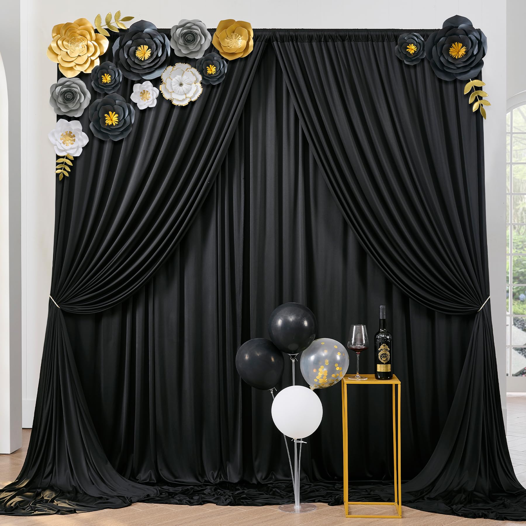 30Ft  10Ft Wrinkle Free Black Backdrop Curtain For Party, 6 Panels 5  10 Ft Thick Silky Polyester Photo Backdrop Drapes For 50Th