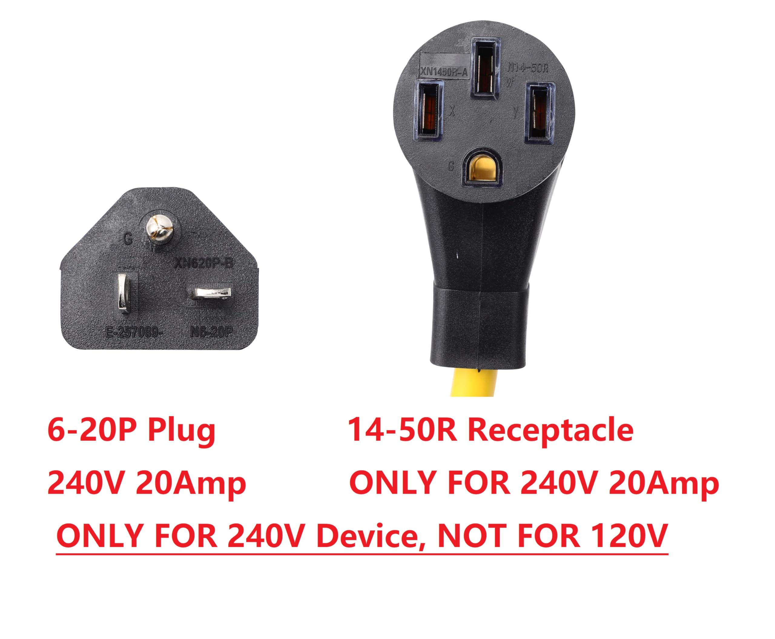 Onetak Nema 6 20P To 14 50R 240V 20 Amp 3 Prong Male Plug To 50 Amp 4 Prong Female Receptacle Welder Generator Dryer Ev Charger