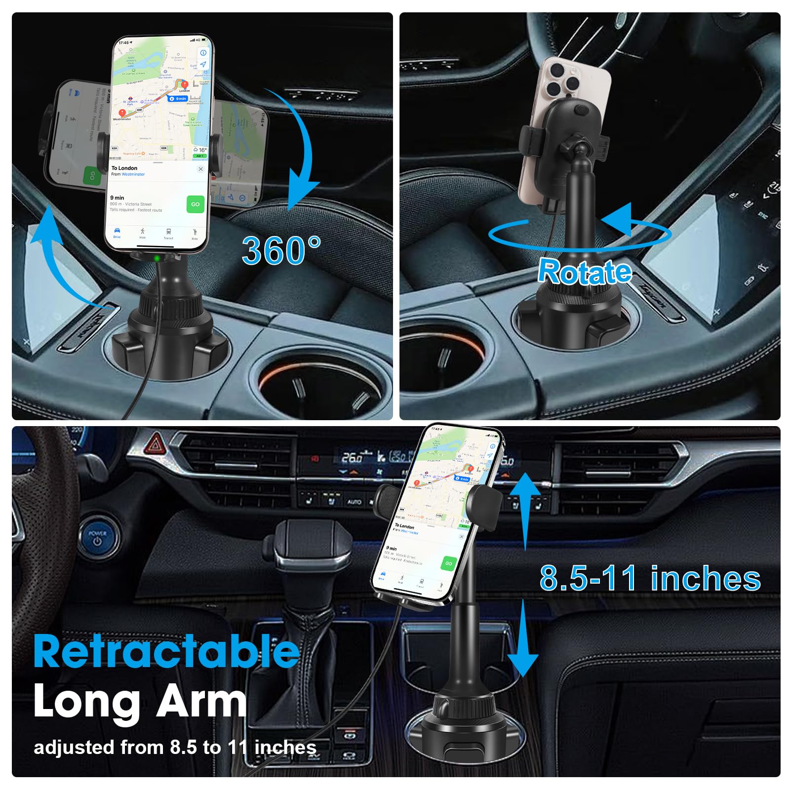 Degum Upgraded Wireless Car Charger, Cup Holder Phone Mount With 15W Fast Charging Phone Holder Adjustable Long Arm Height, Comp
