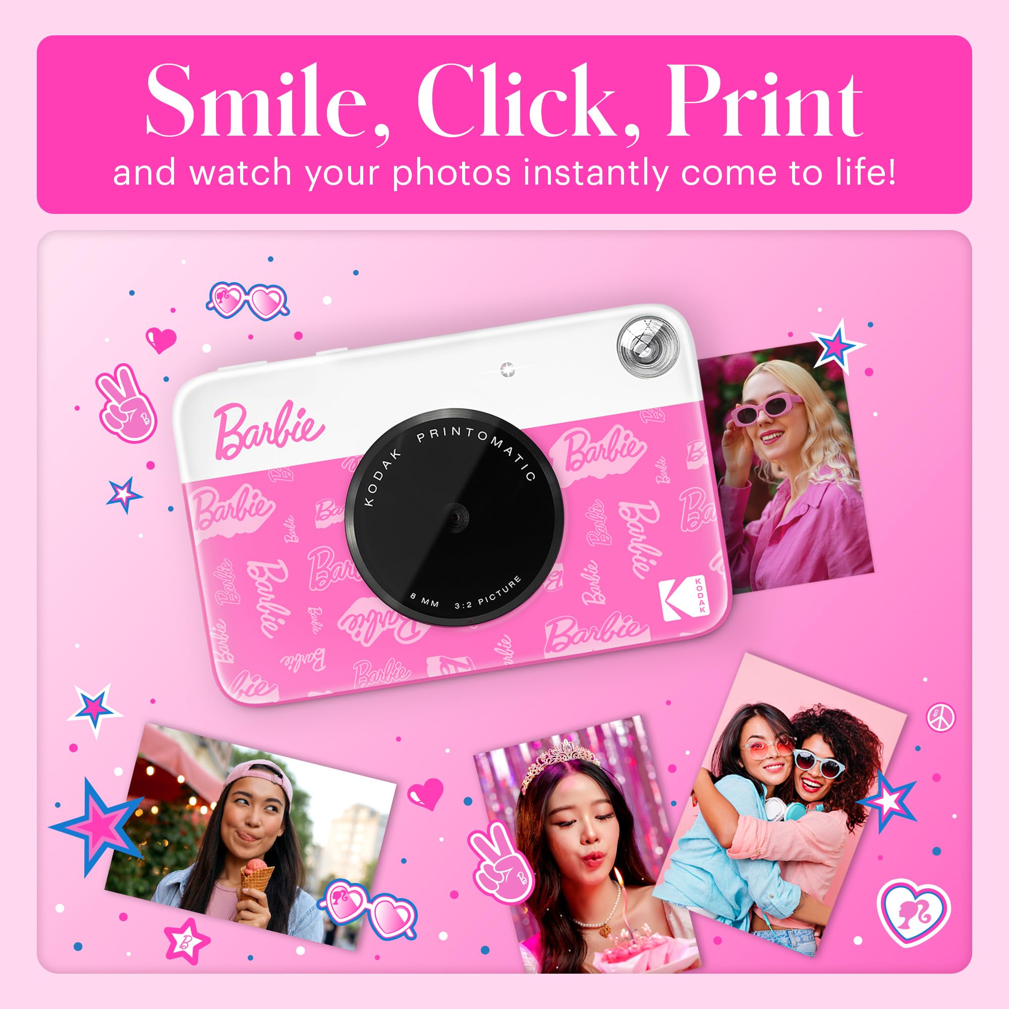 Barbie X Kodak Printomatic Full Color Instant Print Digital Camera   5Mp Portable Barbie Camera Prints Colorful 2X3    Sticky Ba