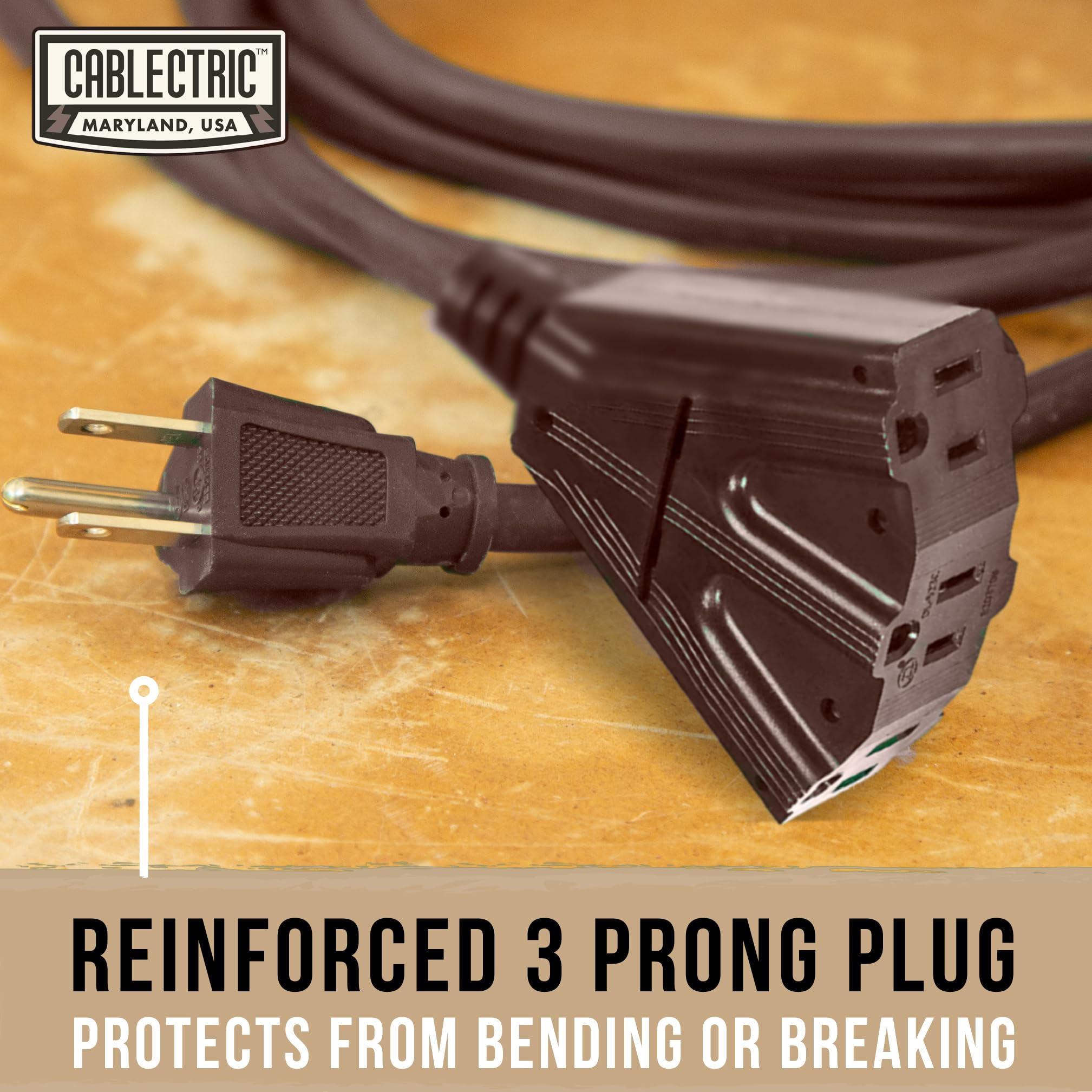 Cablectric 100 Ft Brown Outdoor Extension Cord 3 Outlet   16/3 Sjtw Weatherproof Heavy Duty Outdoor Extension Cord With Multiple