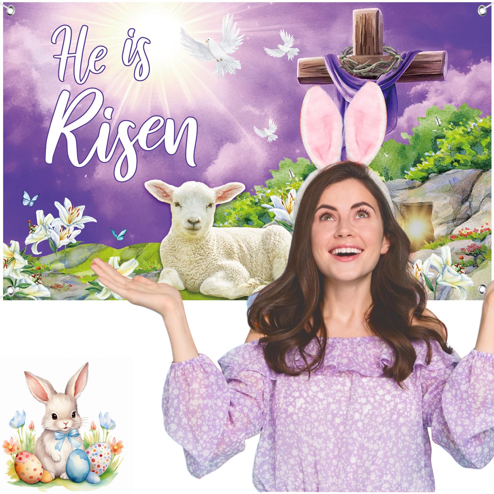 Moukeren Easter Banners For Church, He Is Risen Backdrop Decoration 6 X 3.6 Ft Jesus Cross Christian Photography Background For