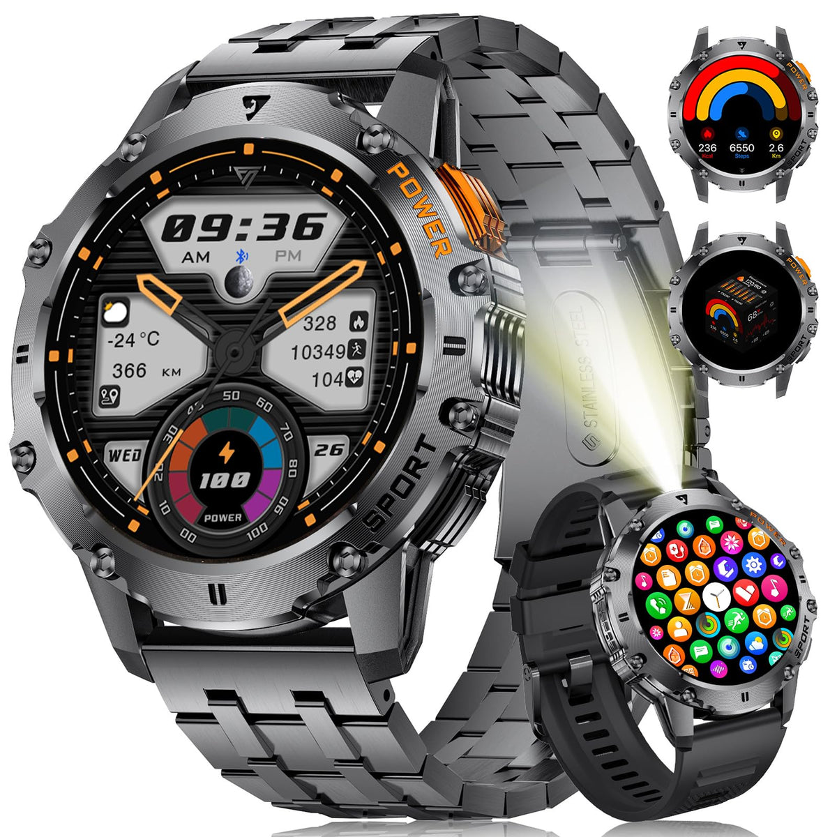 Esfoe Military Smart Watch For Men With Flashlight/5Atm Waterproof,1.43 ' ' Amoled Tactical Smartwatch With 500Mah Battery,110+ 