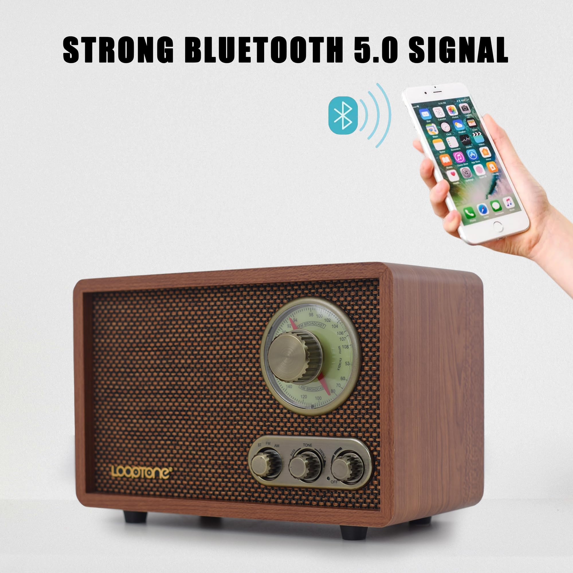 Looptone Am Fm Classic Retro Radio With Bluetooth Speaker,Vintage Wood Table Radio With Treble Bass Control For Kitchen Living R