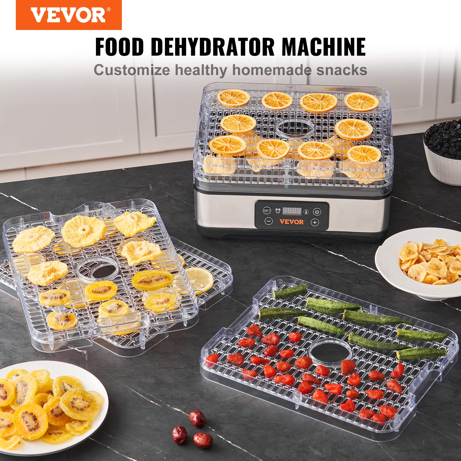 Vevor Food Dehydrator Machine, 5-Tray Fruit Dehydrator, 300W Electric Food Dryer W/Digital Adjustable Timer & Temperature For Je