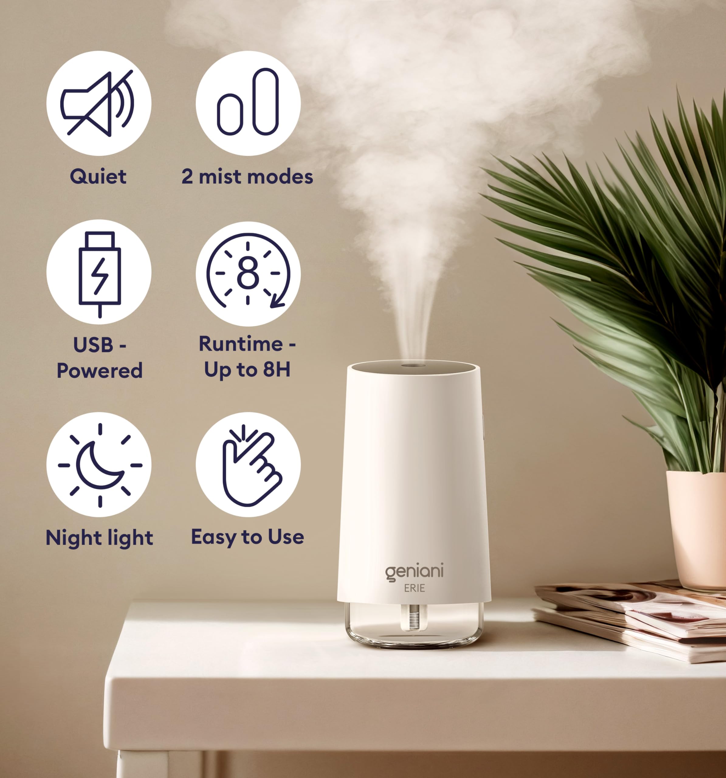 Geniani Portable Small Cool Mist Humidifiers 250Ml   Usb Desktop Humidifier For Plants, Office, Car, Baby Room With Auto Shut Of
