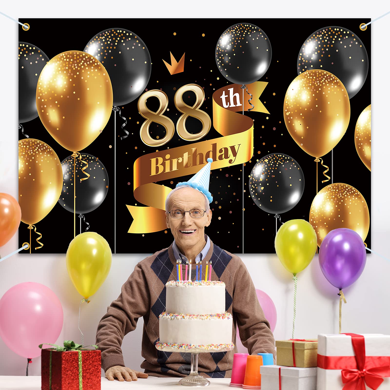 Pakboom Happy 88Th Birthday Backdrop Banner   88 Birthday Party Decorations Supplies For Men   Black Gold 3.9 X 5.9Ft