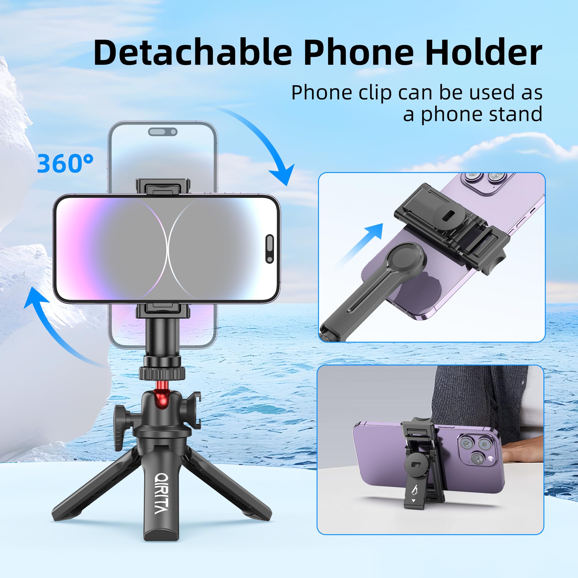 Mini Tripod & Desk Stand, 360 Rotatable Small Tripod Stand With Phone Holder & Cold Shoe, Selfie Stick Travel Tripod For Iphone/