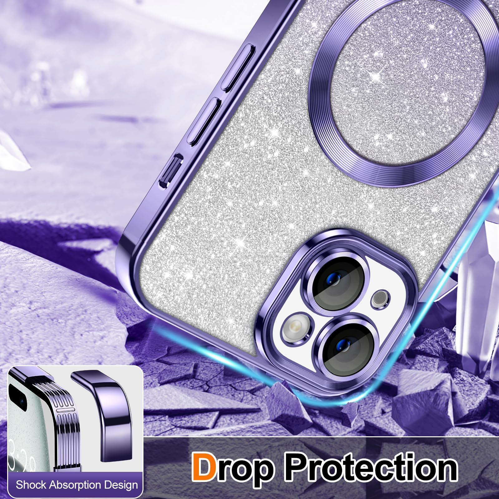 Hython For Iphone 15 Plus Case Clear Magnetic Glitter Phone Cases [Compatible With Magsafe] Full Camera Lens Protector Slim Grad