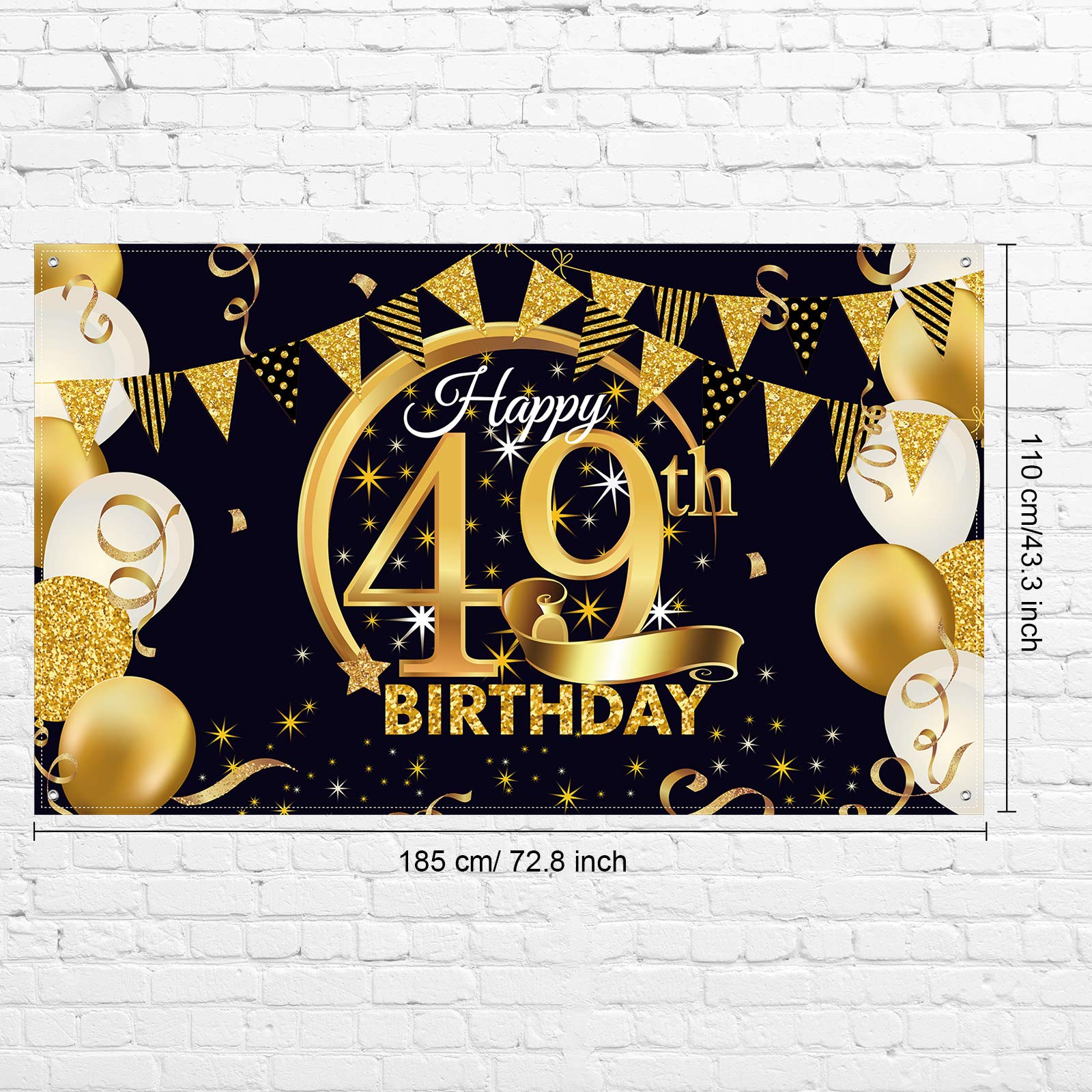 49Th Birthday Party Decoration, Extra Large Fabric Black Gold Sign Poster For 49Th Anniversary Photo Booth Backdrop Background B