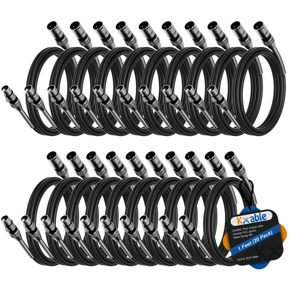 Xlr To Xlr Cable (1 Feet, 20 Pack) Multiple Premium Xlr Microphone Cables, Heavy Duty 22Awg Ofc Xlr Male To Female Cord, 3 Pin S