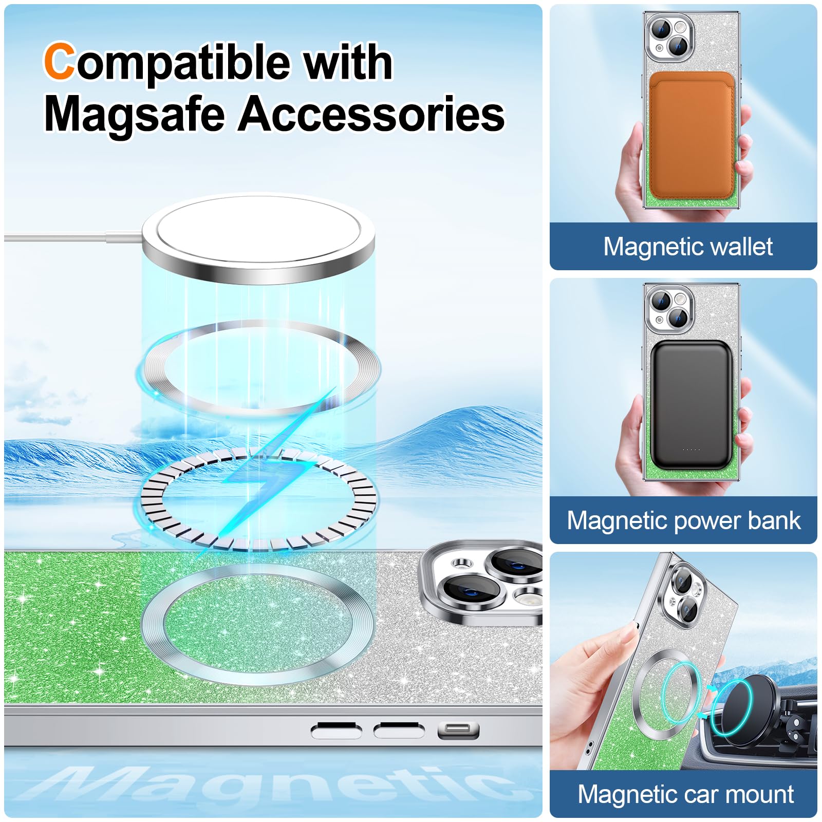 Hython For Iphone 15 Case Clear Magnetic Glitter Phone Cases [Compatible With Magsafe] Full Camera Lens Protector Gradient Spark