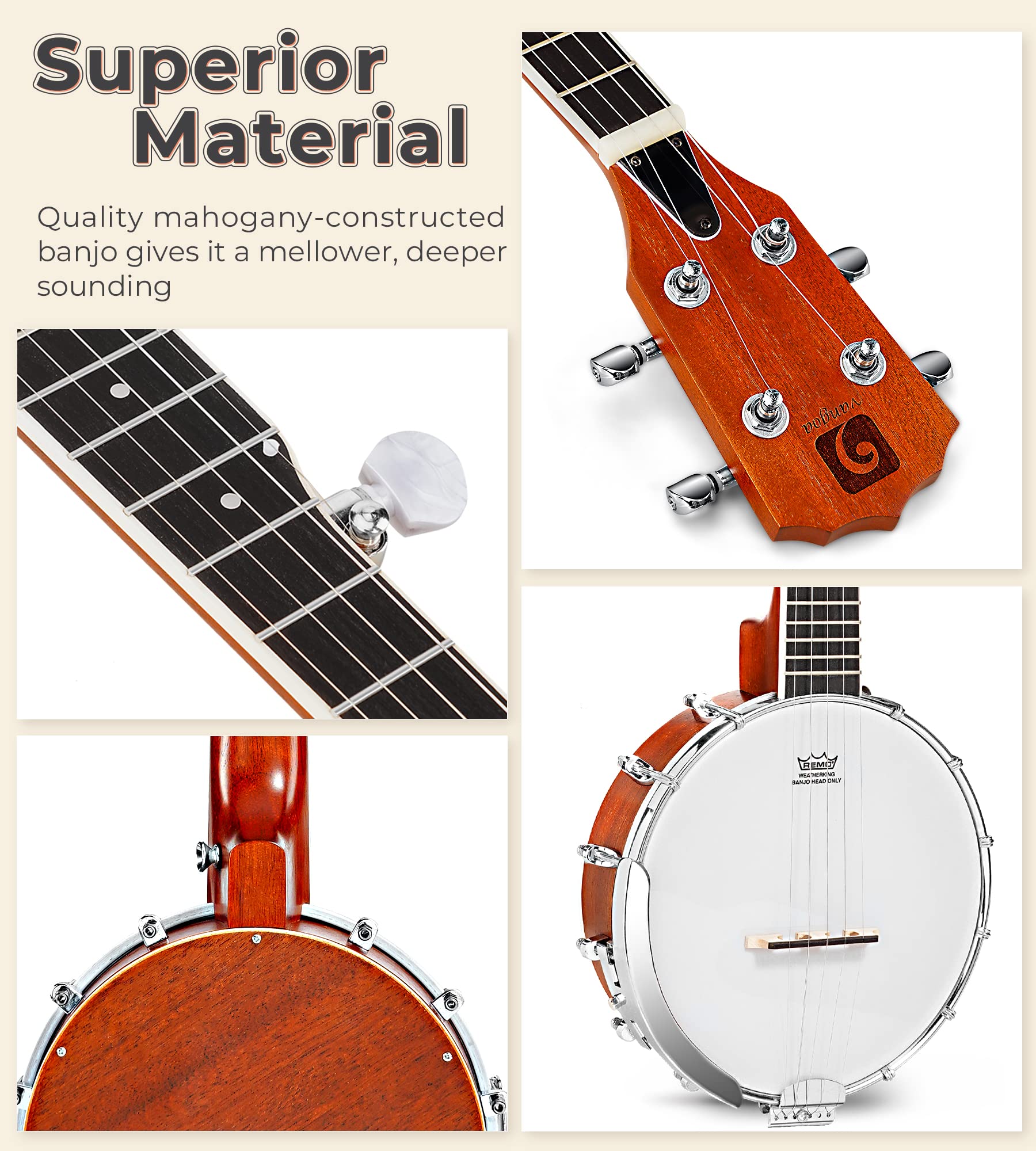 Vangoa 5 String Banjo 26 Inch, Mini Travel Banjo, Banjo Beginner Kit With Remo Head, Open Back & Closed Solid Back With Beginner