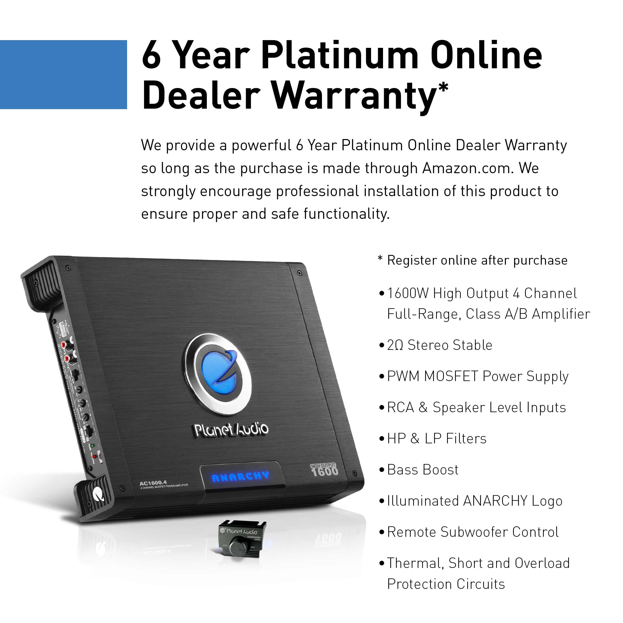 Planet Audio AC1600.4 Anarchy Series 4 Channel Class A/B Car Amplifier 1600 Watt Black