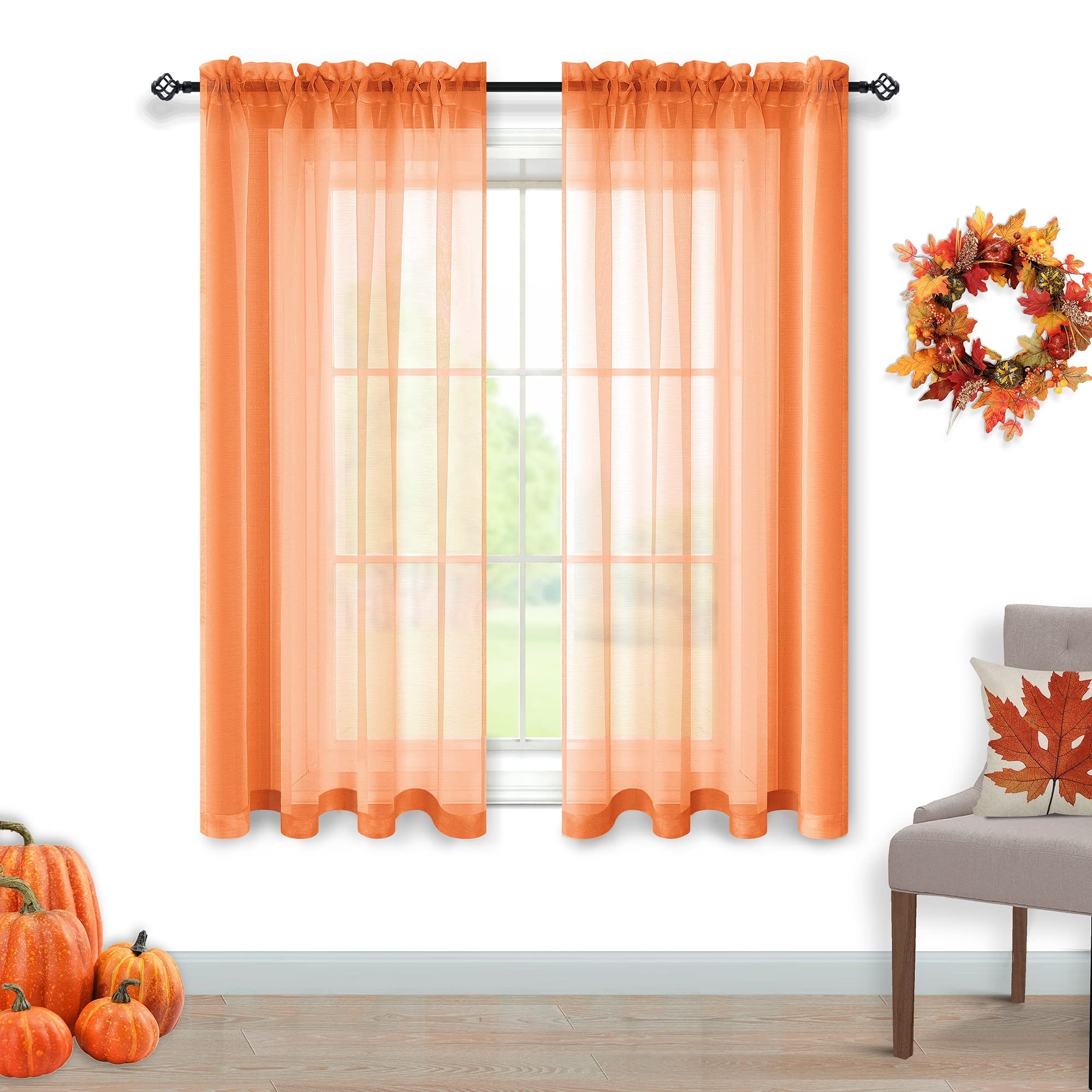 Autumn Fall Decor Orange Short Curtains 45 Inch Length For Kitchen Bathroom Windows 2 Panels Rod Pocket Thanksgiving Havest Smal
