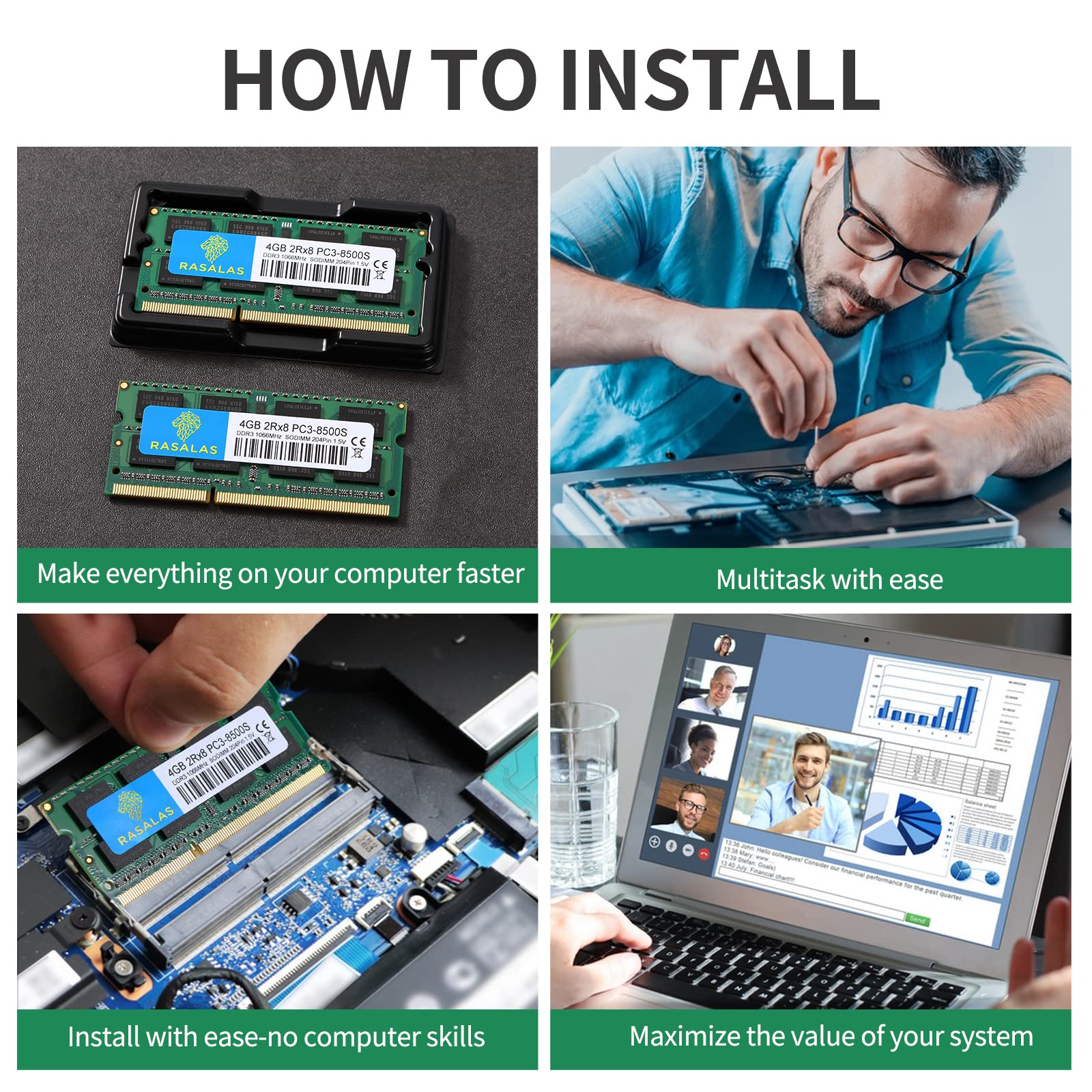 Rasalas 8Gb Kit (2 X 4Gb) Pc3 8500 Ddr3 1066 Mhz 1067 Mhz 8500S Sodimm Ram Laptop Memory Upgrade For Notebook 204Pin 1.5V Memory