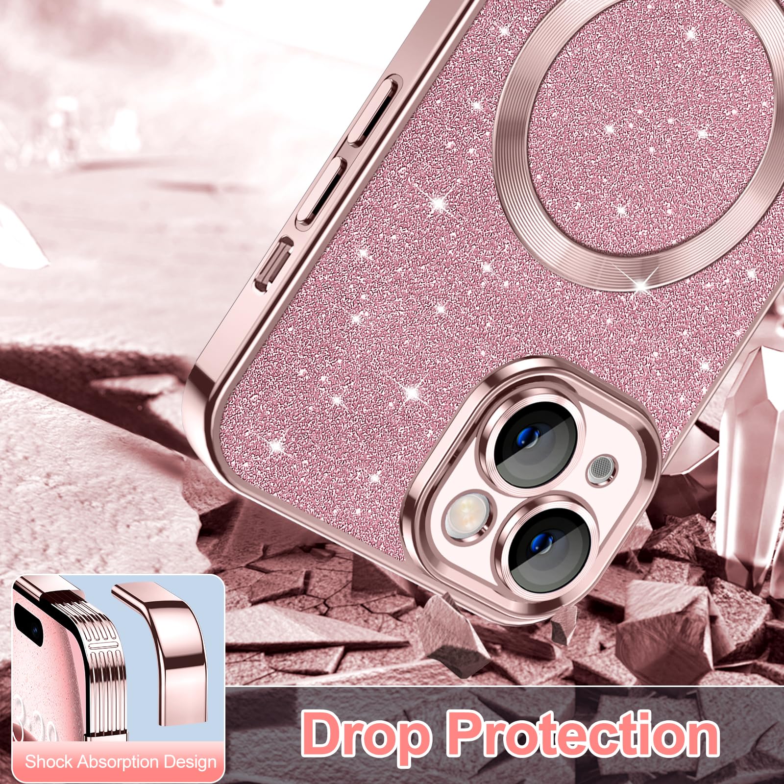 Hython For Iphone 15 Plus Case Glitter, Clear Magnetic Phone Cases With Camera Lens Protector [Compatible With Magsafe] Bling Sp