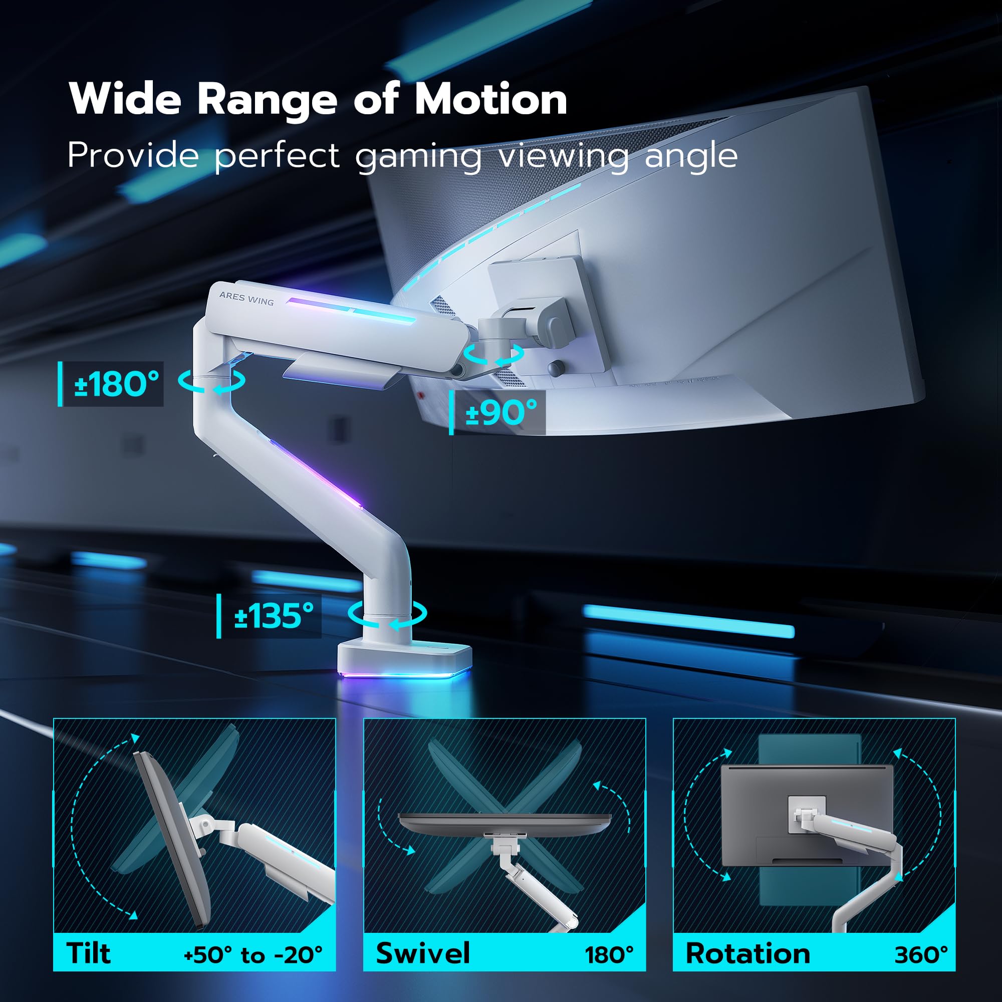 Ares Wing Monitor Desk Mount With Rgb For 49'' Samsung Odyssey G9 And Lg Heavy Duty Monitor, Ultrawide Monitor Mount Support Up