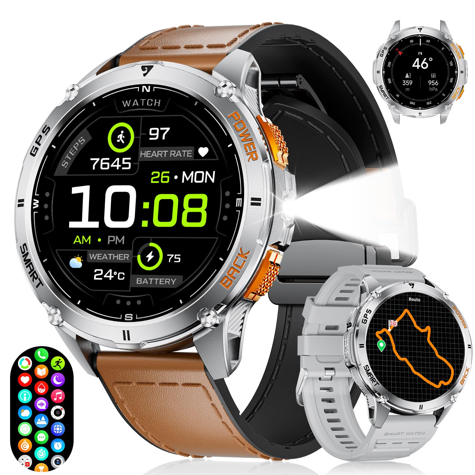 Foxbox Gps Smart Watch For Men Led Flashlight, 530Mah Extra Large Battery, 1.43 ' ' Amoled Military Smartwatch Answer/Make Call 