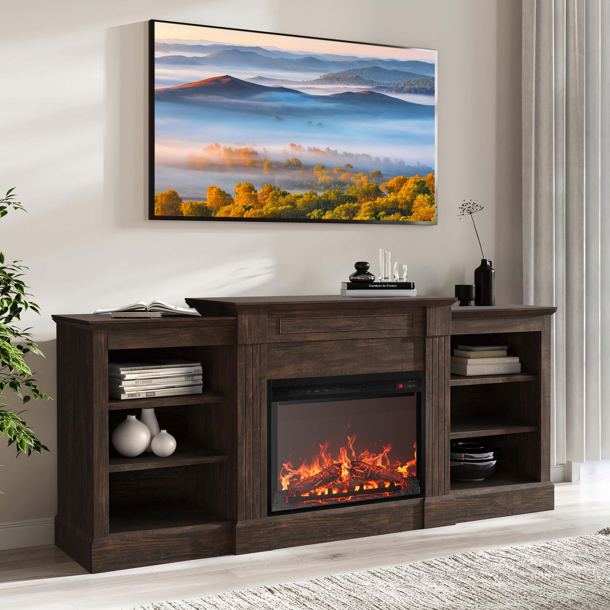 Belleze Modern 66'' Electric Fireplace Heater Mantel Tv Stand & Media Entertainment Center For Tvs Up To 66'' With Energy Effici