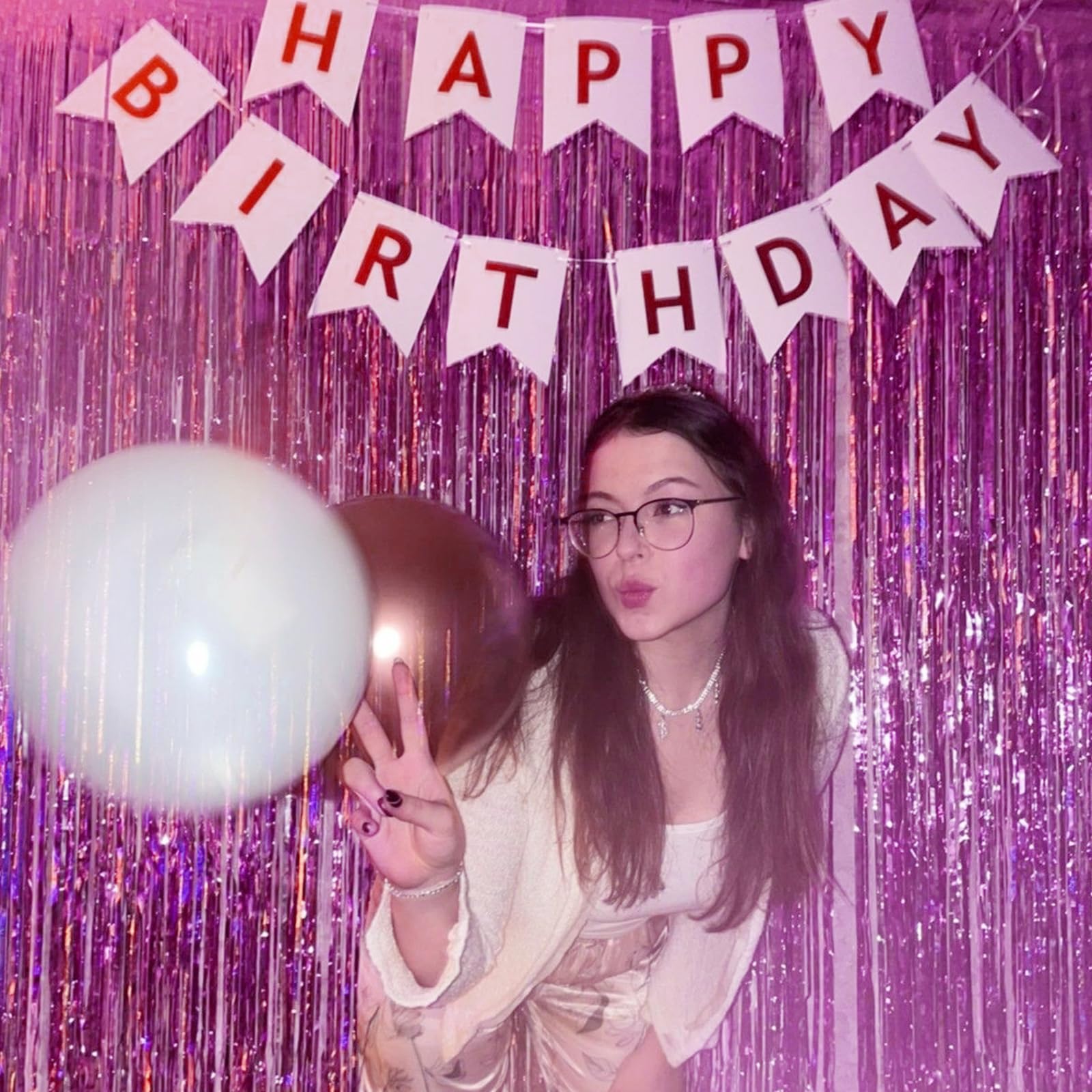 Canrevel 2 Pack 3.3X8.2 Feet Pink Foil Fringe Backdrop Curtains, Glitter Tinsel Streamers Birthday Party Decorations, Fringe Bac