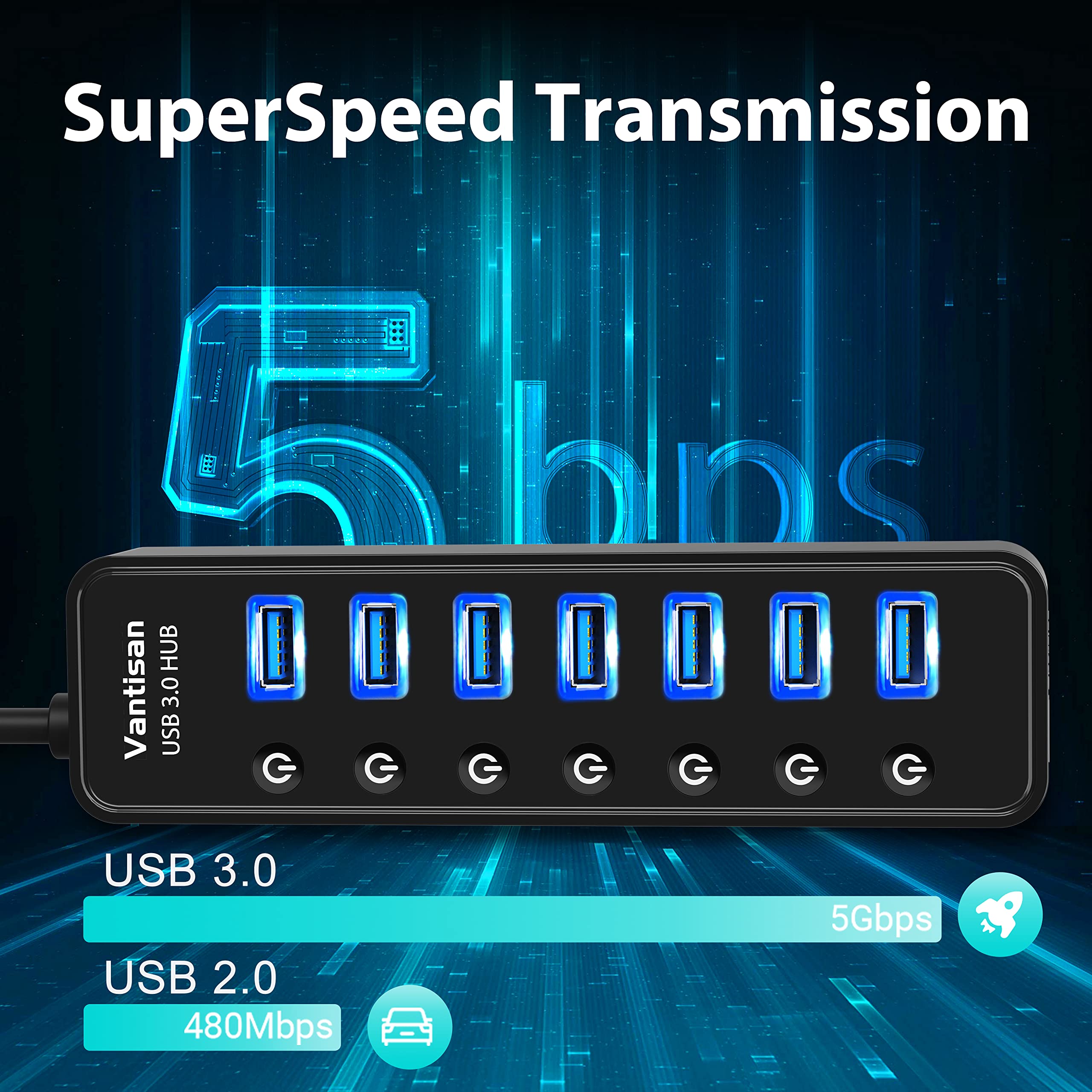 Vantisan Usb Hub 3.0 Powered, 7 Ports Usb Data Hub Splitter With One Smart Charging Port And 5V/4A Powered Adapter And On/Off Sw