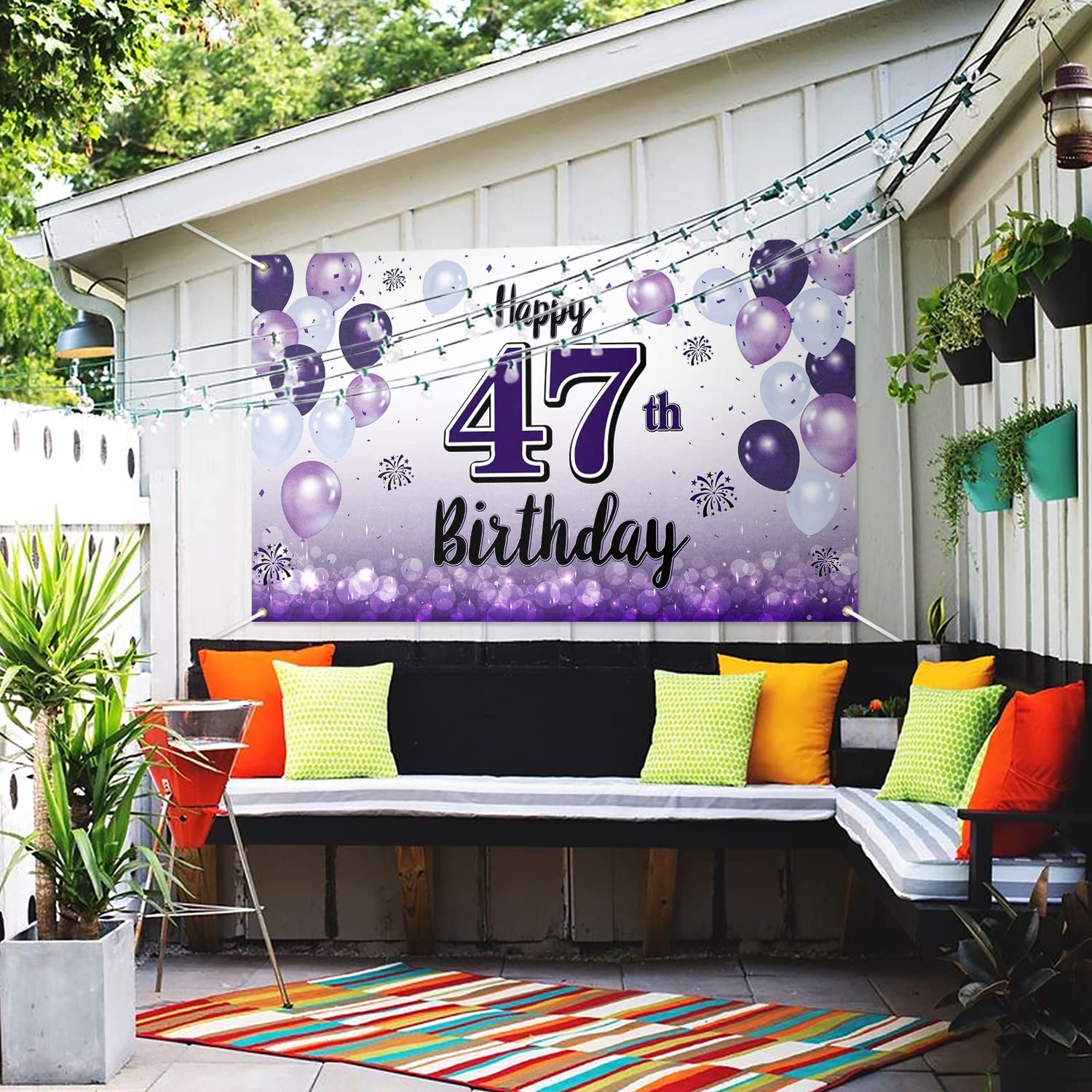 Laskyer Happy 47Th Birthday Decorations,47Th Purple Balloon Large Birthday Banner Backdrop Sign,47 Years Old Bday Party Supplies