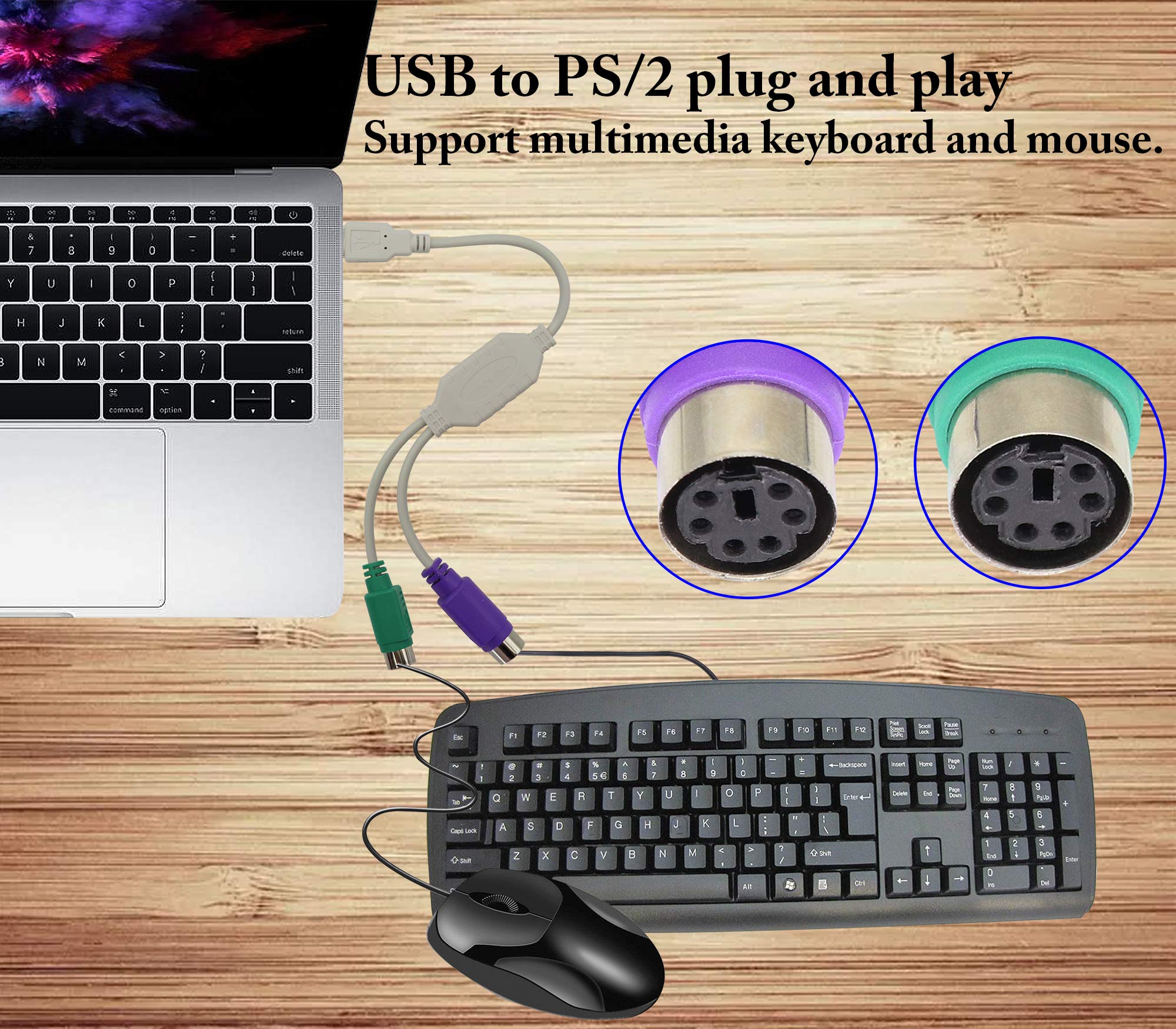 Zdycgtime 12Inch White Ps/2 To Usb Adapter Keyboard Mouse Converter Cable,Usb Male To Dual Ps2 Female Y Splitter Cable,Support W