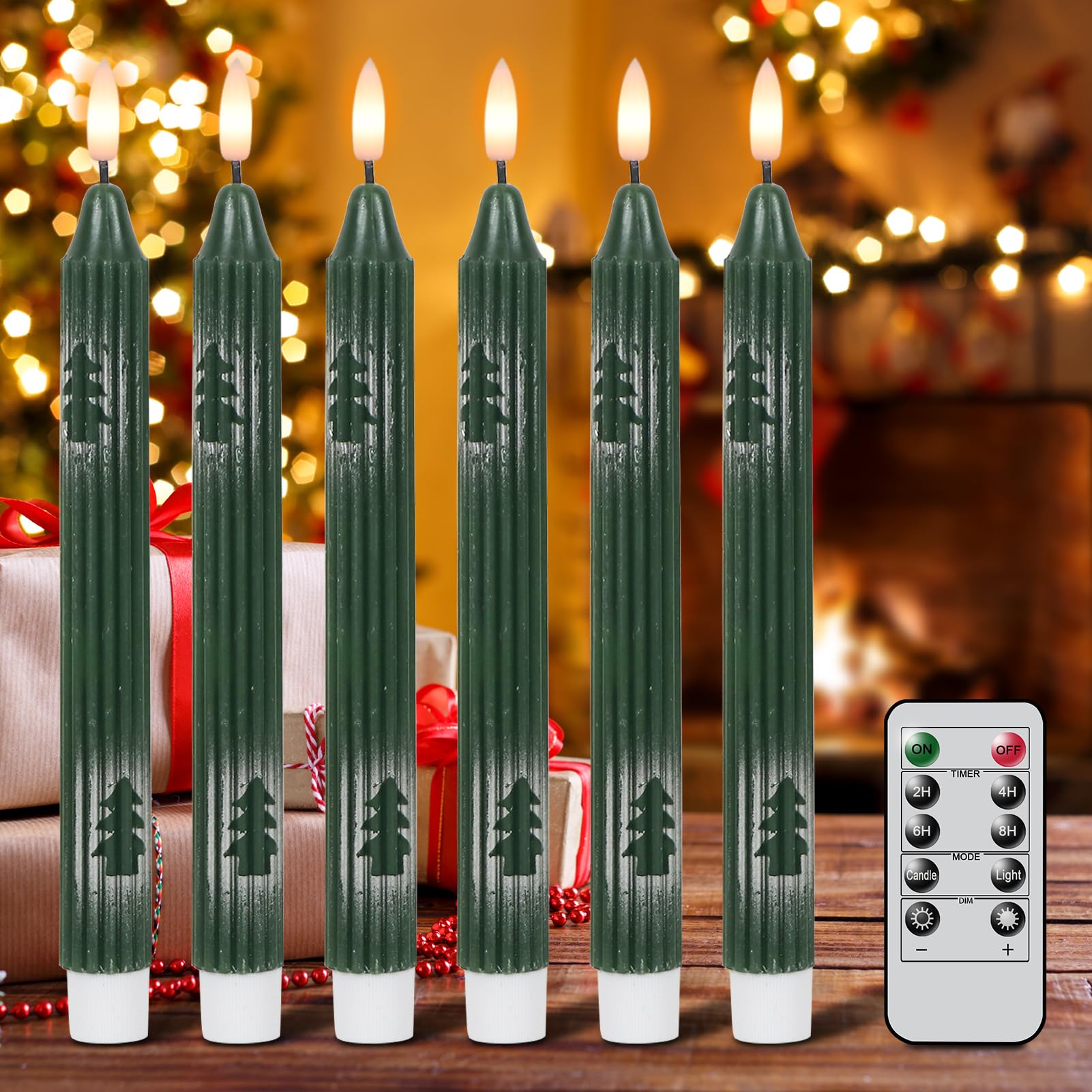 Kunswenn Christmas Flameless Candlesticks, Green Flameless Taper Candles With Remote Timer, 6 Pack Led Tall Candlesticks Battery