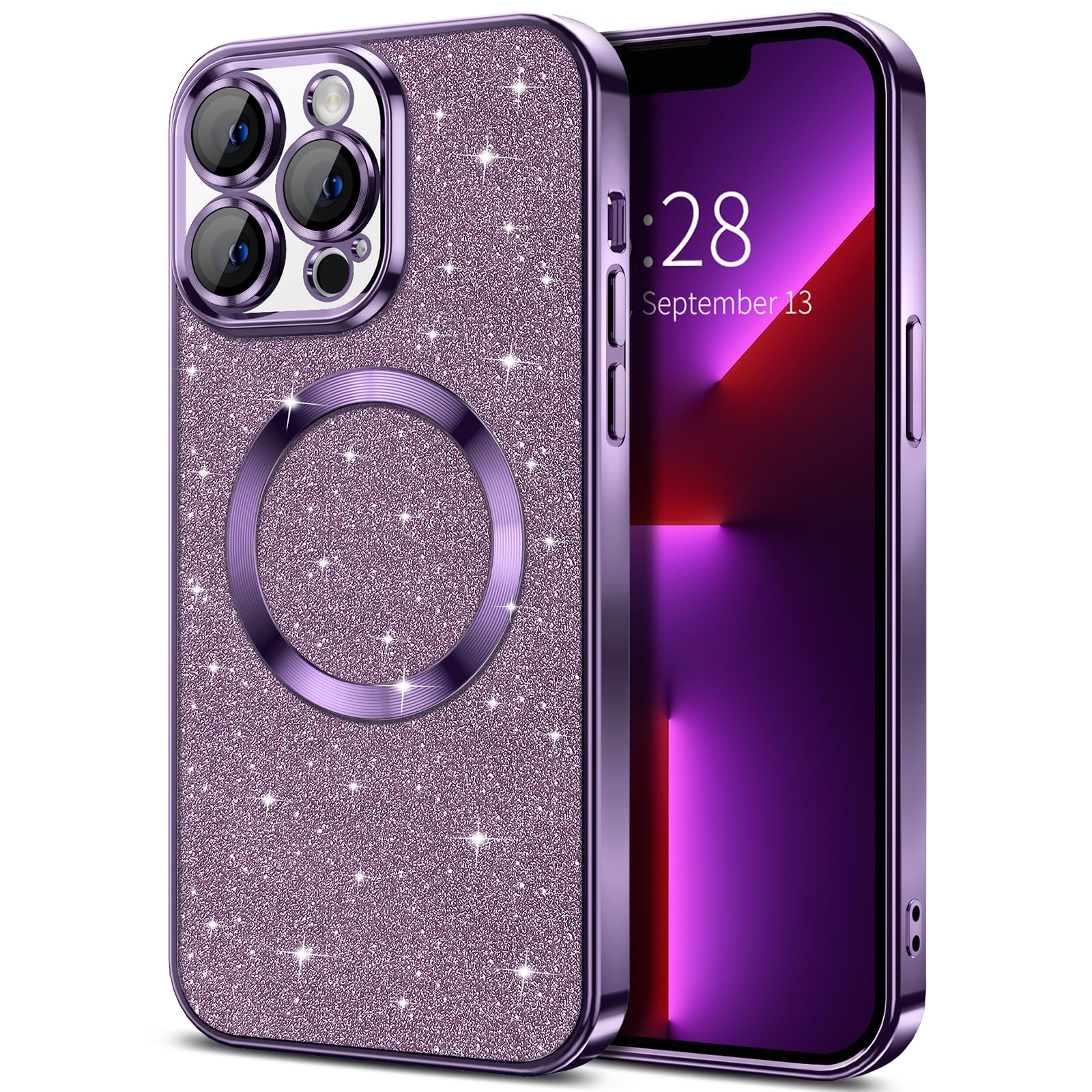 Hython For Iphone 13 Pro Max Case Glitter, Clear Magnetic Phone Cases With Camera Lens Protector [Compatible With Magsafe] Bling