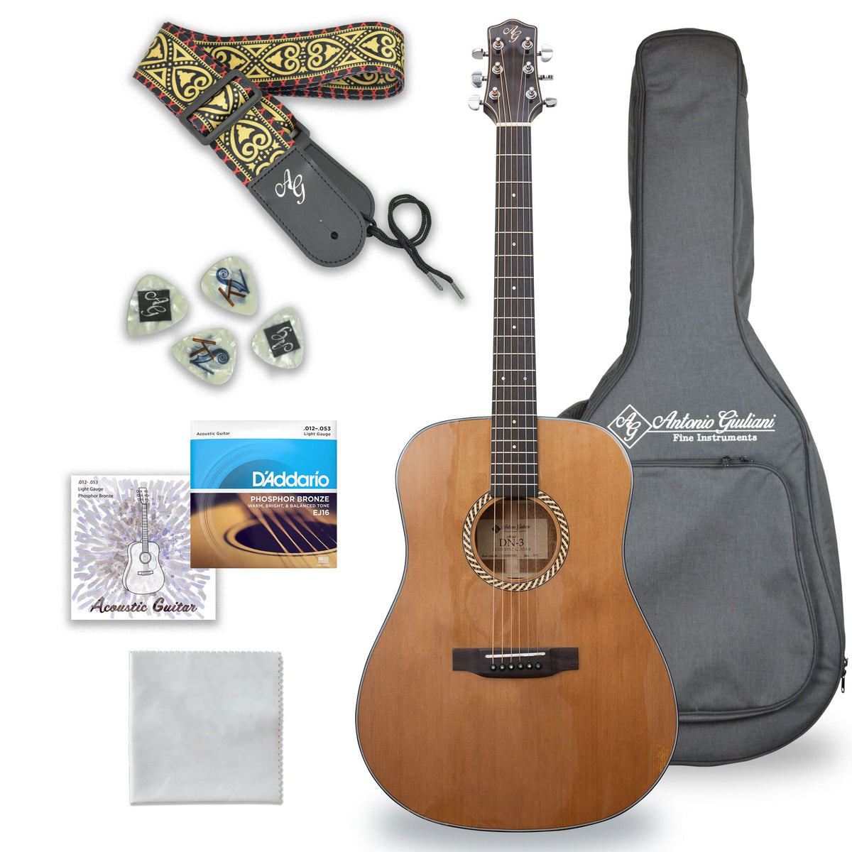 Antonio Giuliani Dn 3 (Clear) Steel String Acoustic Mahogany Guitar With Carrying Case And Accessories   Complete Guitar Bundle 