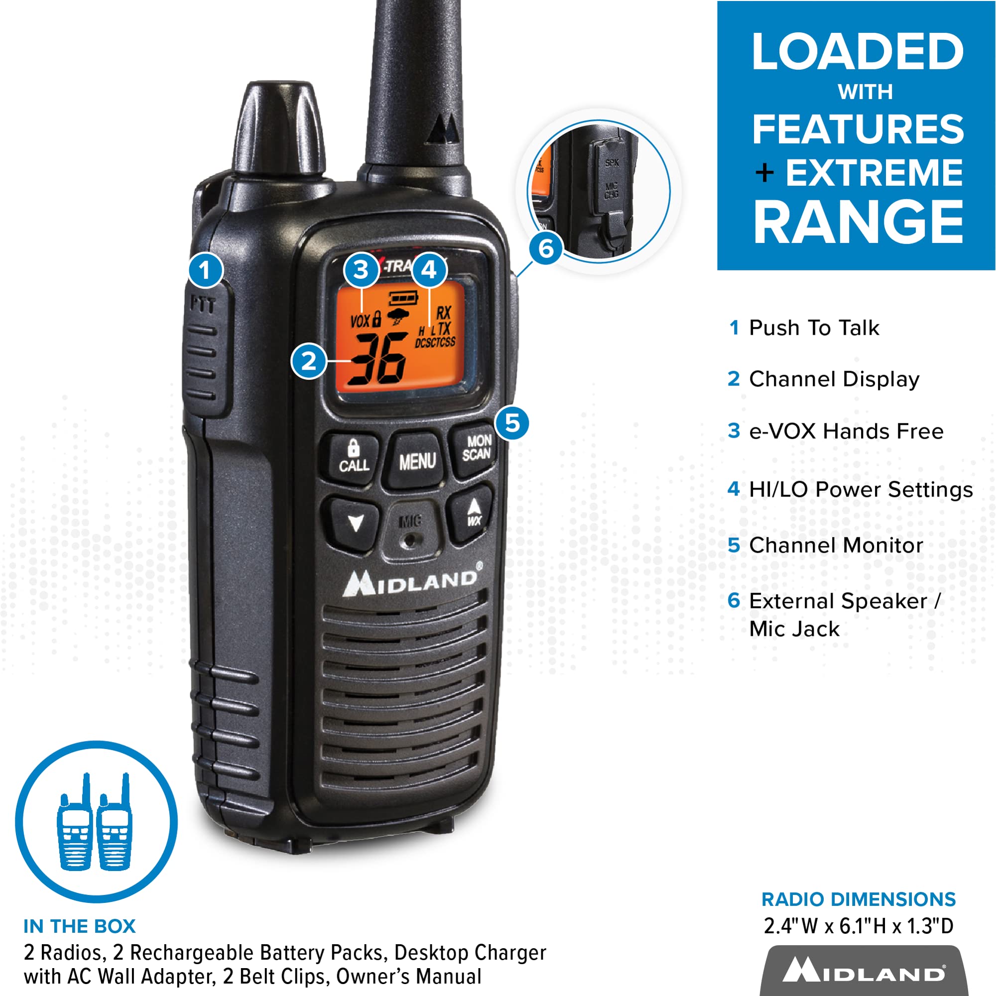 Midland   Lxt600Vp3   Handheld Portable Frs Business Overlanding Gear Two Way Radio   Long Range Rechargeable Walkie Talkies For Adults   121 Privacy Codes, Weather Radio   Black (2 Pack)