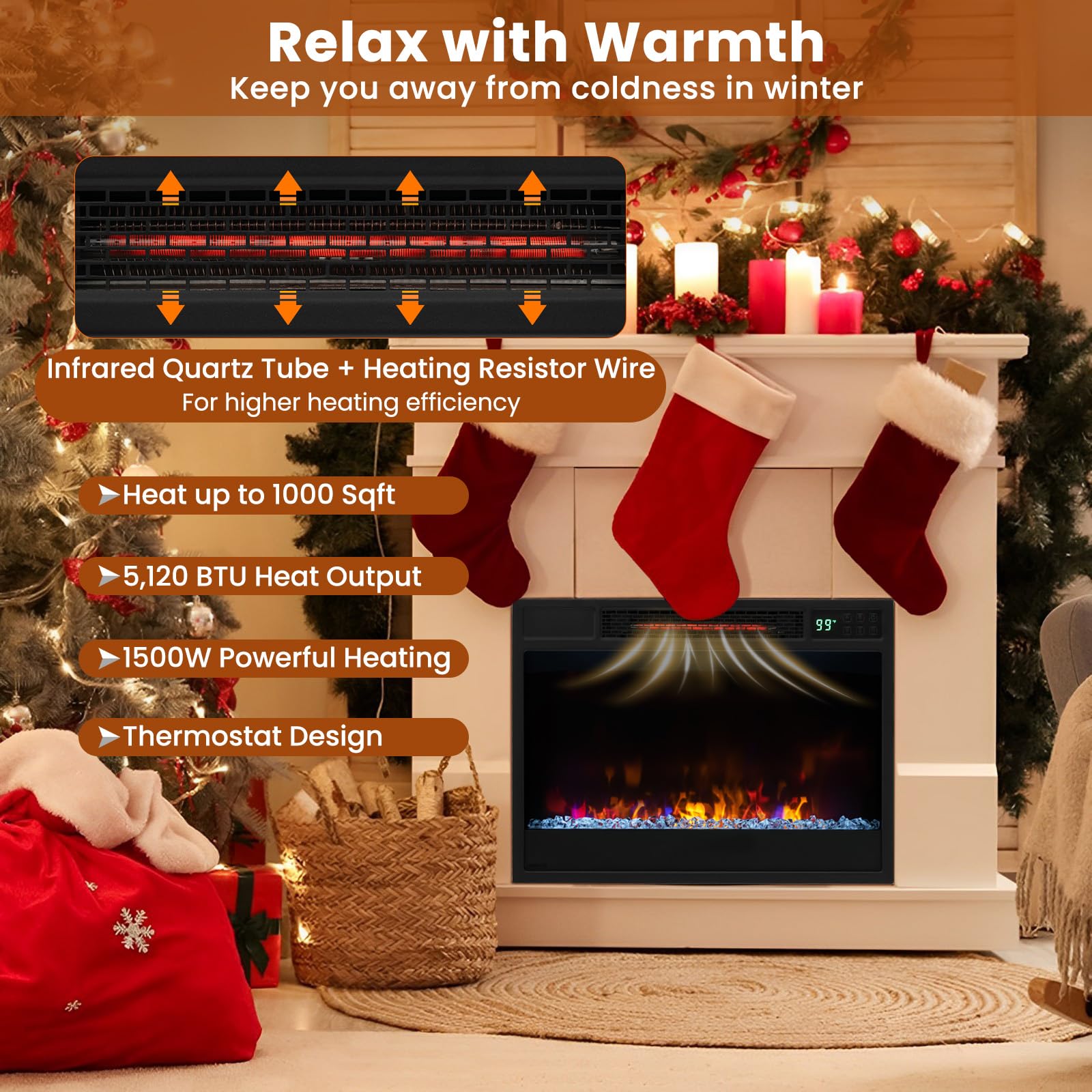 Goflame 23 Inch Electric Fireplace Insert, Recessed Quartz Fireplace Heater With 6 Flame Modes & 5 Brightness, Breathable Design