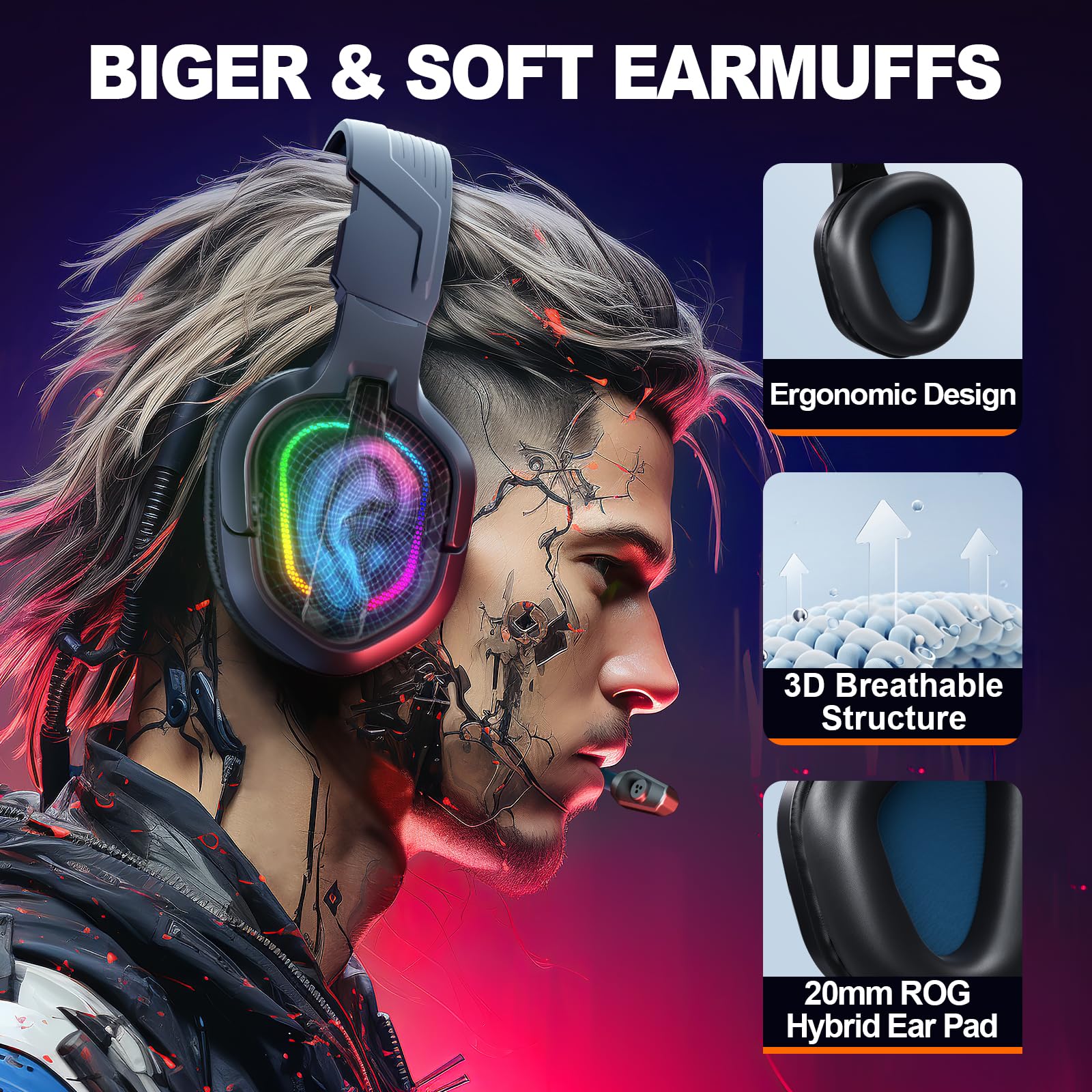 Krysenix Pg2 Gaming Headset For Ps4/Ps5/Pc/Xbox One, Ergonomic Design Over Ear With Ai Stereo Microphone Sound, Computer Headset