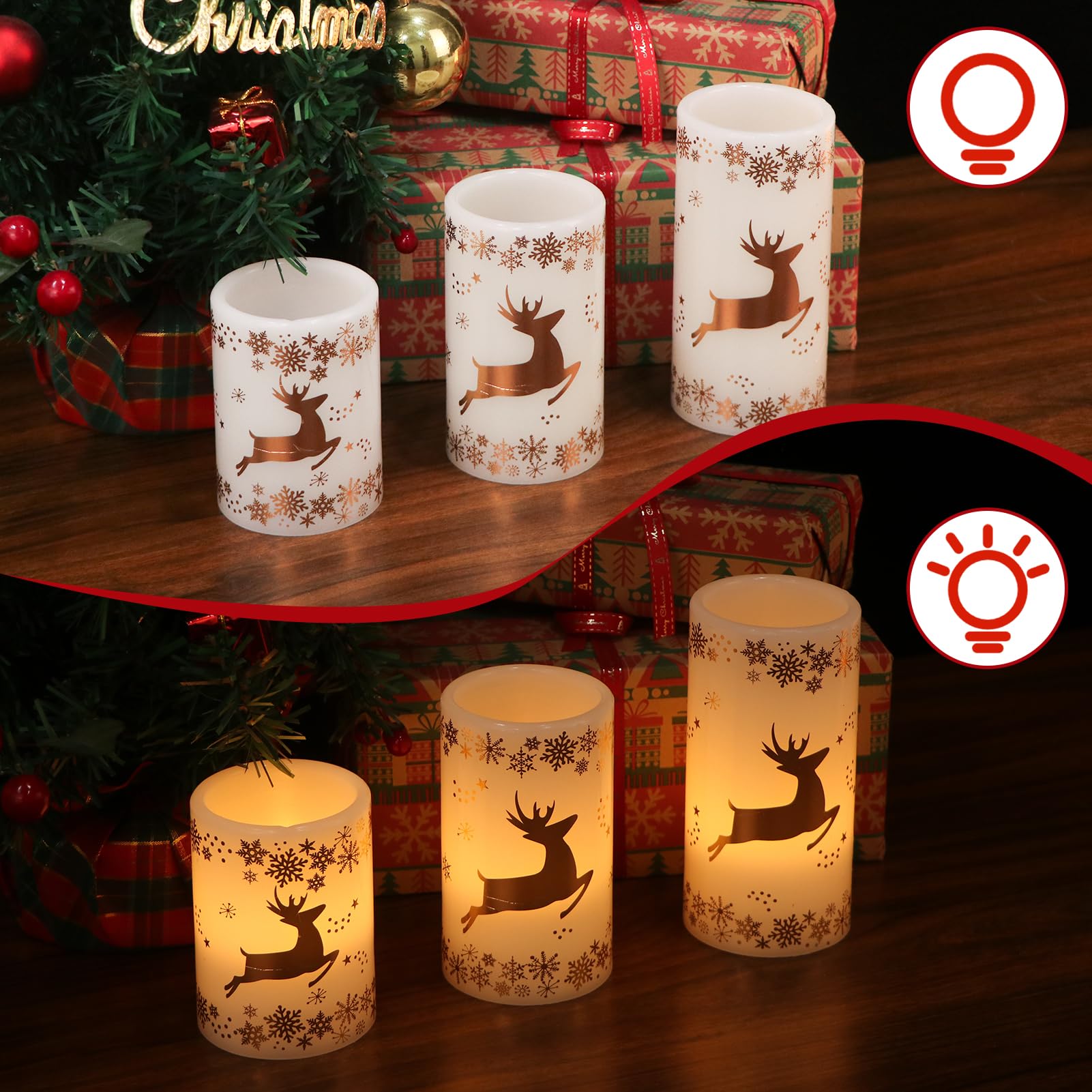 Dromance Gold Deer Flameless Flickering Candles Battery Operated With 6H Timer, 3 Pack Real Wax Warm Light Led Pillar Candles Di