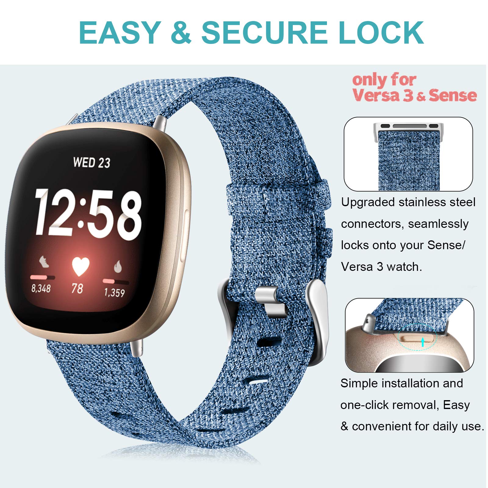 Maledan Bands Compatible With Fitbit Versa 3 & Sense For Women & Men, Breathable Woven Fabric Adjustable Stylish Strap For Versa