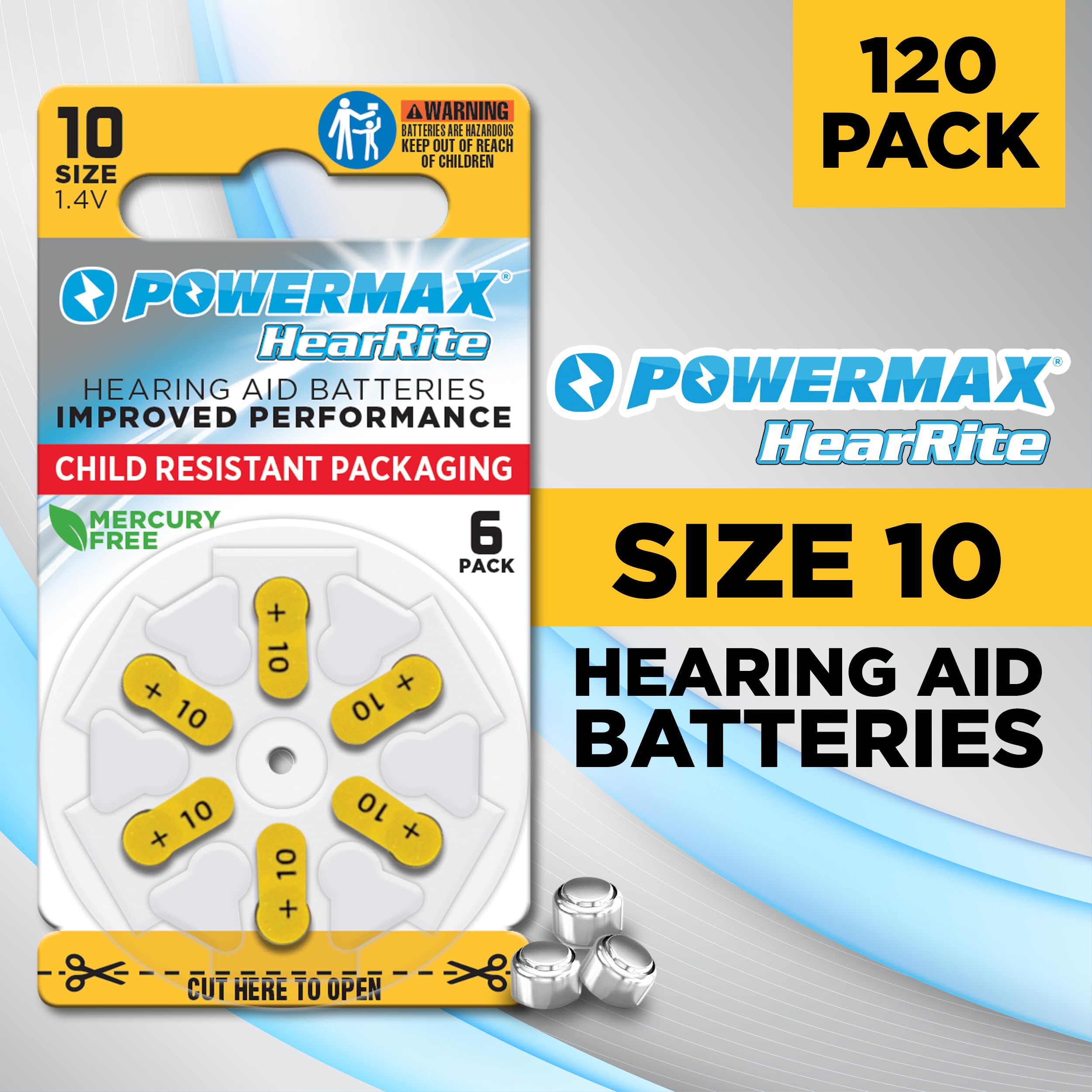 Powermax Size 10 Hearing Aid Batteries, 120 Count Long Lasting Battery Pack, Yellow Long Tab For Easy Change