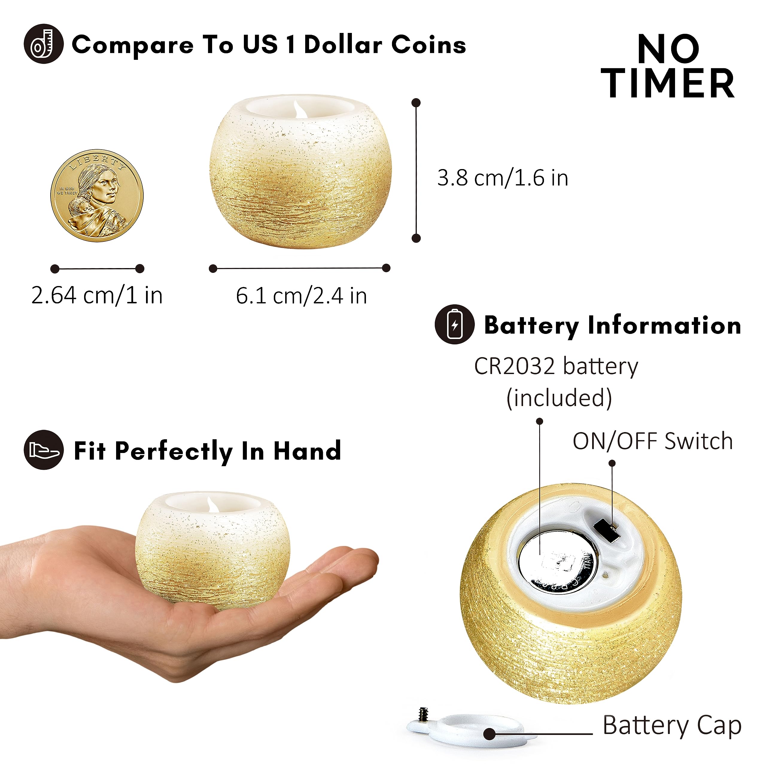 Furora Lighting Gold Glittery Real Wax Flameless Candles Pack Of 3, Led Flickering Round Candles Perfect For Wedding D  Cor, 2.4