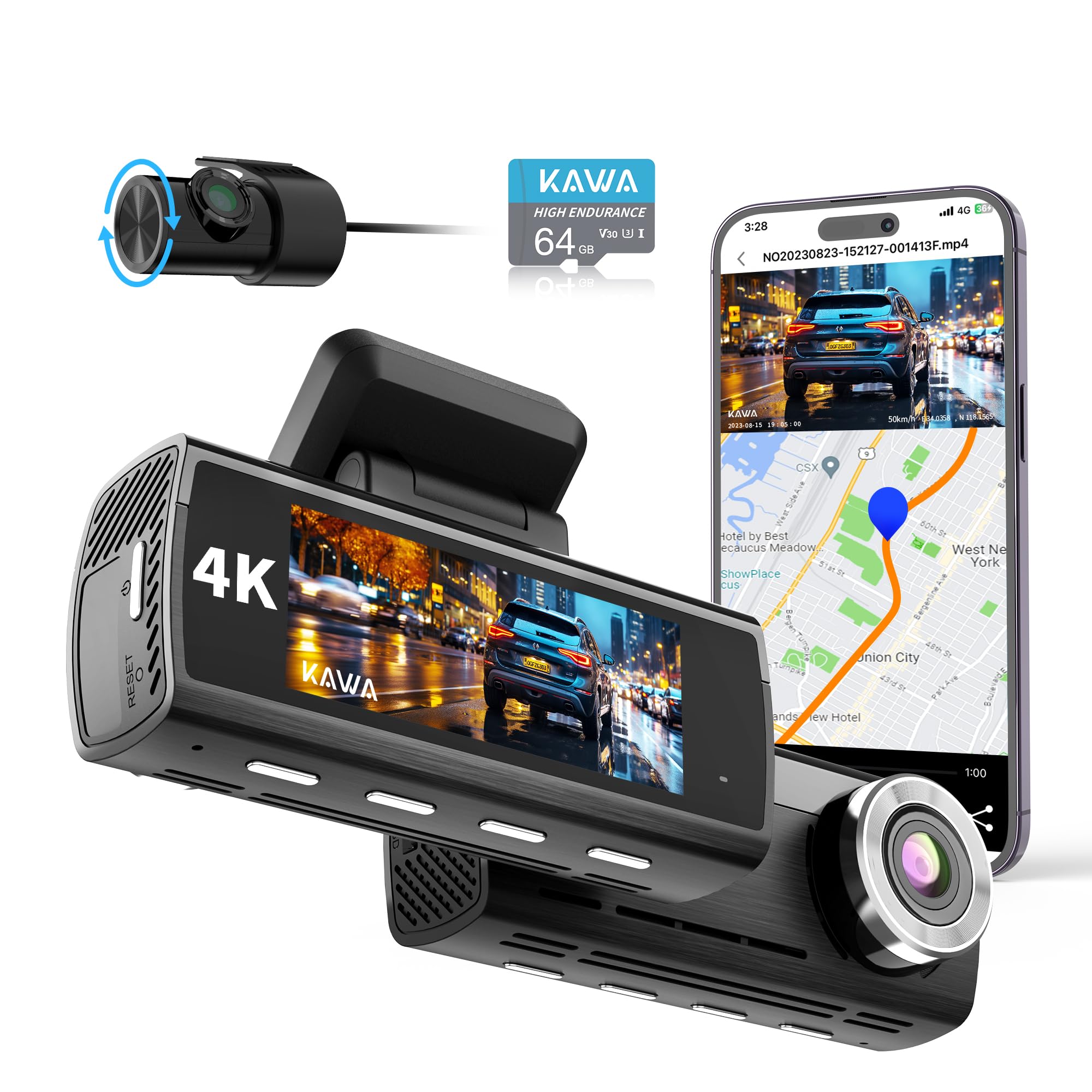 Kawa True 4K Dash Cam Front And Rear, Free 64Gb Card, 2160P Wifi Dash Camera For Cars With Sony Starvis Imx415, Built In Gps Dua