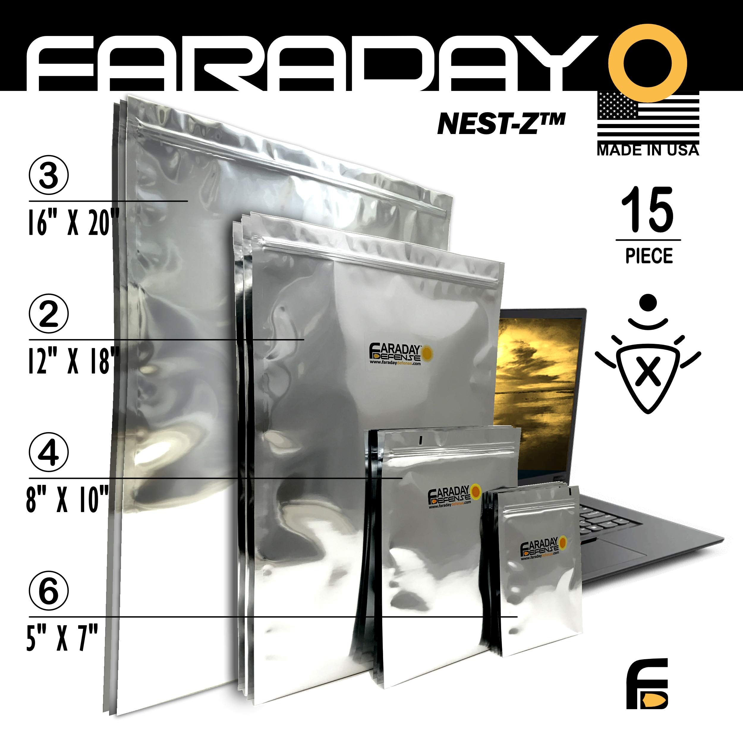 Faraday Defense 15Pc Kit Nest Z Faraday Bag Emp/Solar Flare Prepper Ultra Thick   Military Grade Design, Superior Shielding Perf