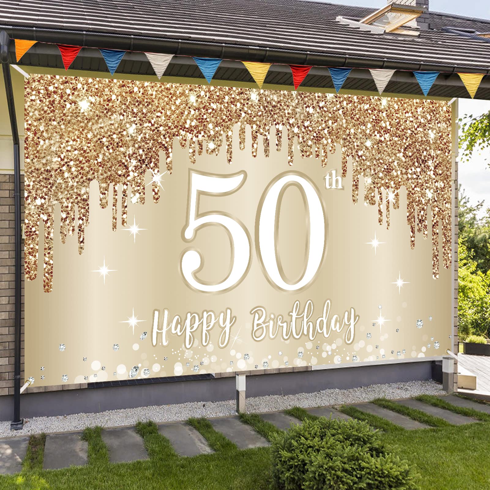Zirtorei Happy 50th Birthday Banner Backdrop, Gold White Photo Booth Decoration, 72.8 x 43.3 Inch Party Supplies for Women